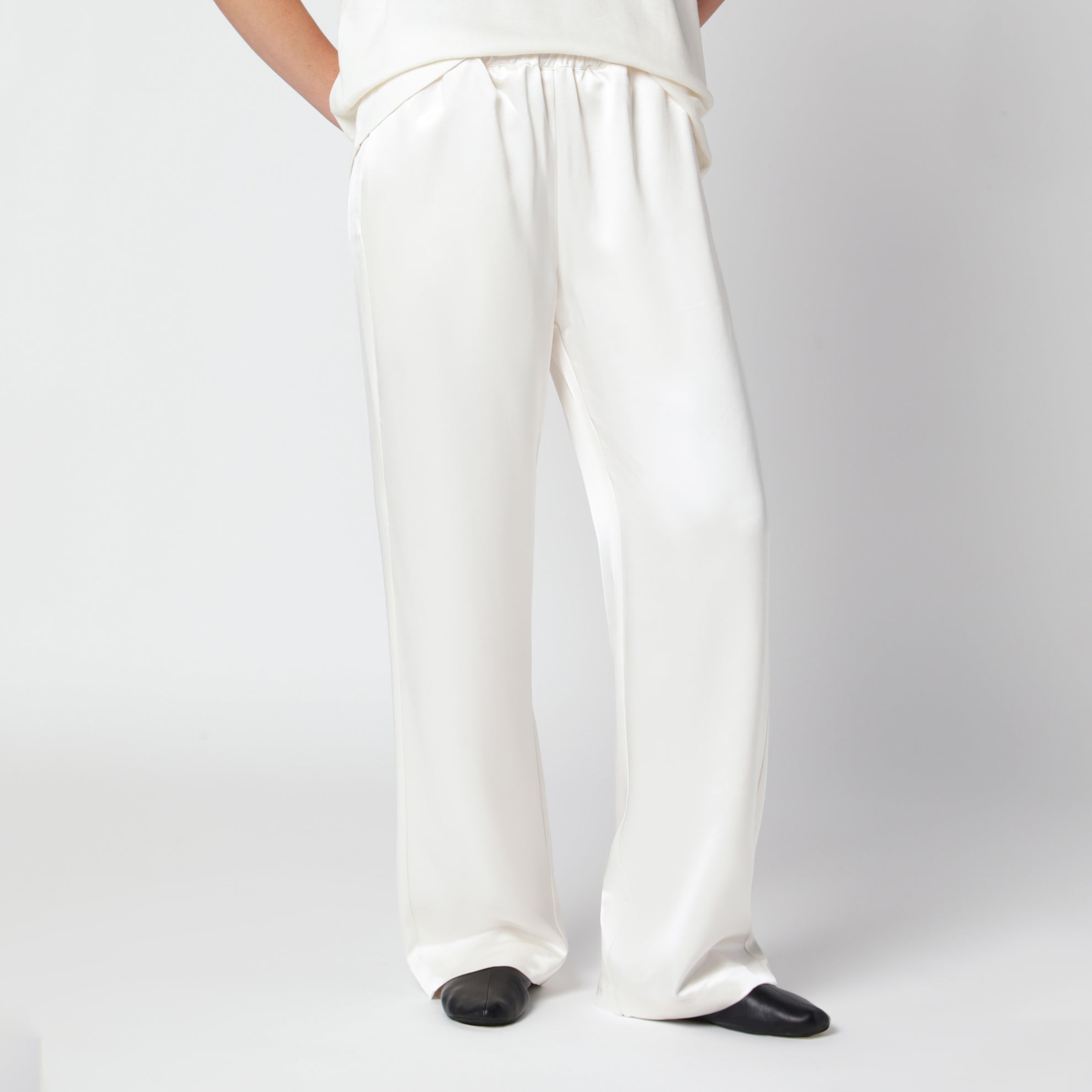 Cream silk wide-leg trousers