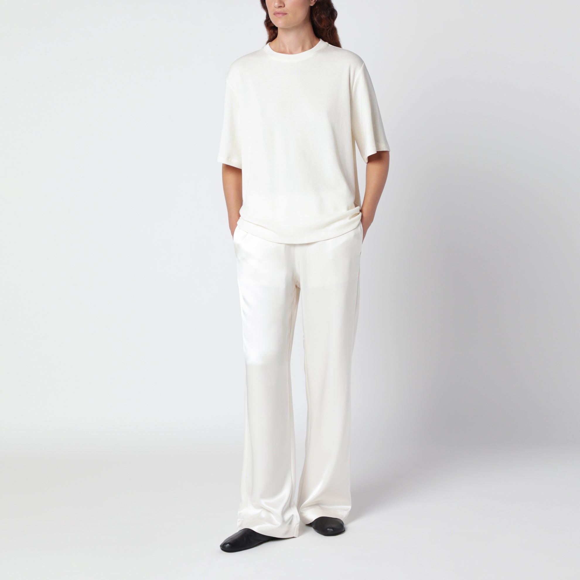 Cream silk wide-leg trousers