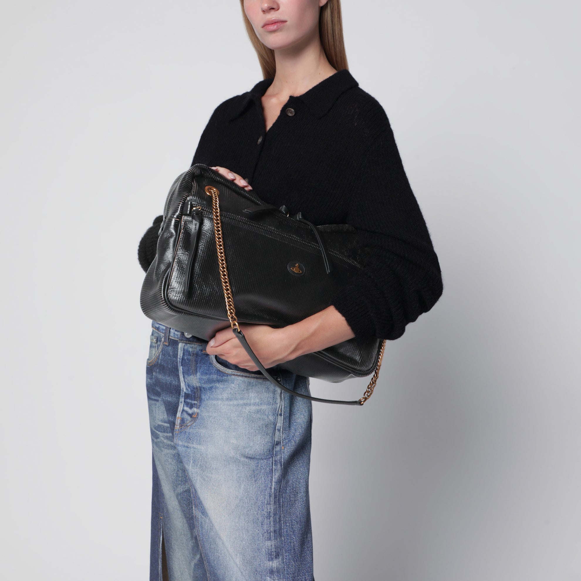 Borsa a spalla Dolce Large in pelle nera e beige
