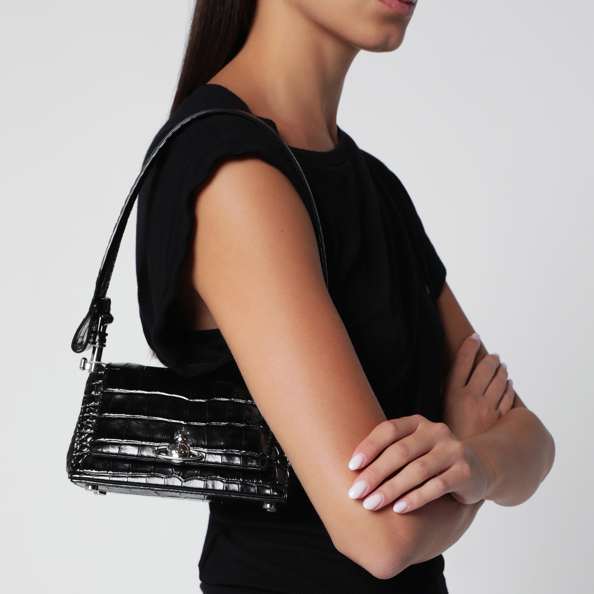 Black Hazel bag in croc-effect patent leather