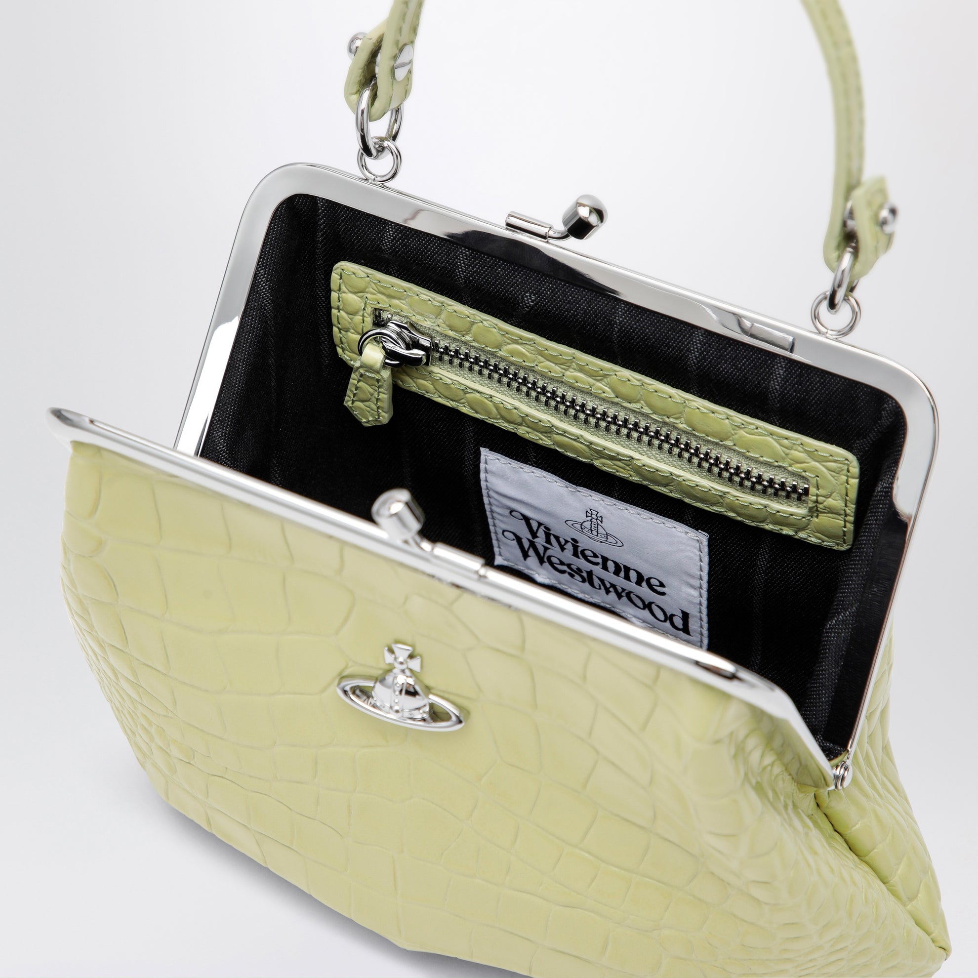 Charm bag in lime croc-effect patent leather