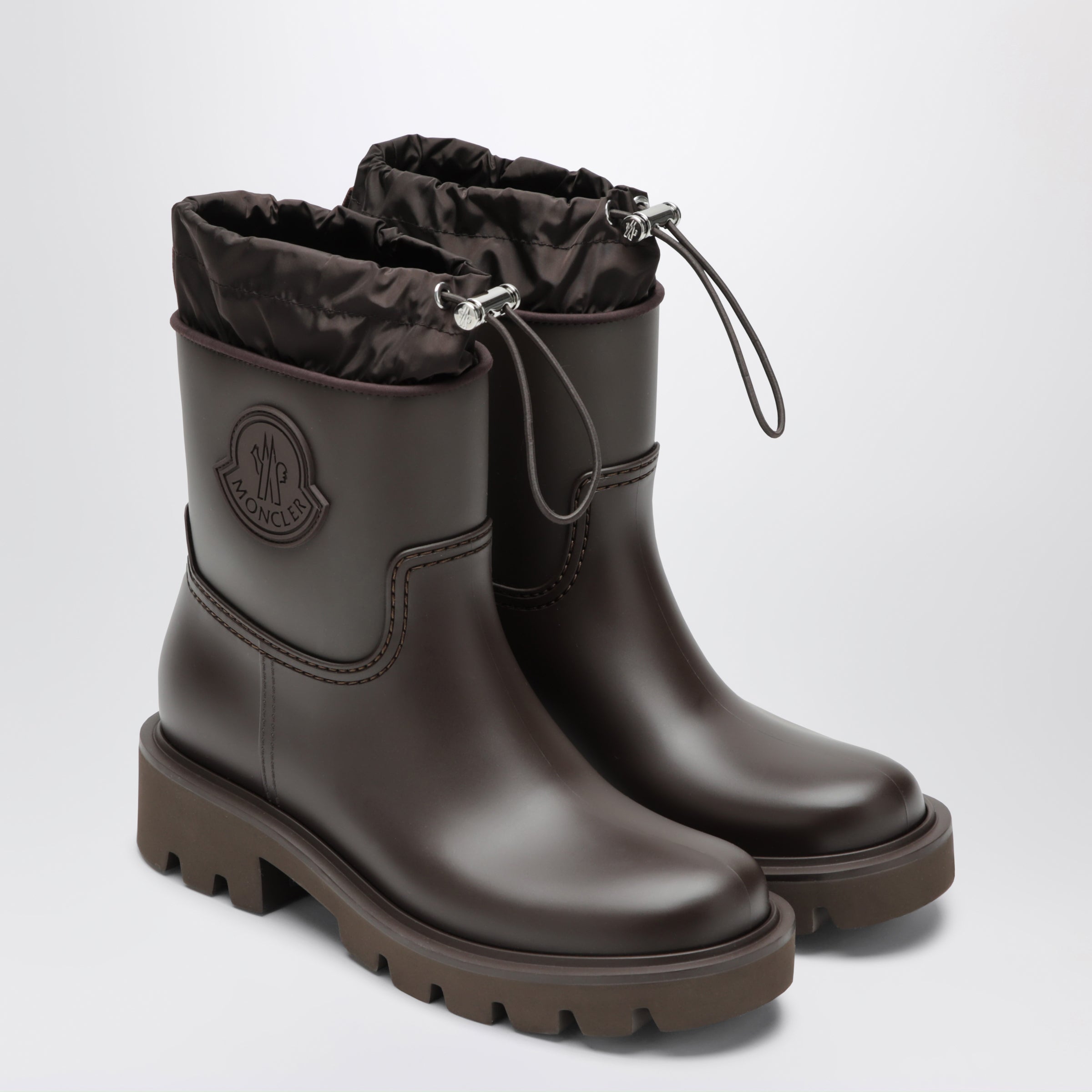 Moncler Kickstream rain boots in brown PVC and nylon | TheDoubleF
