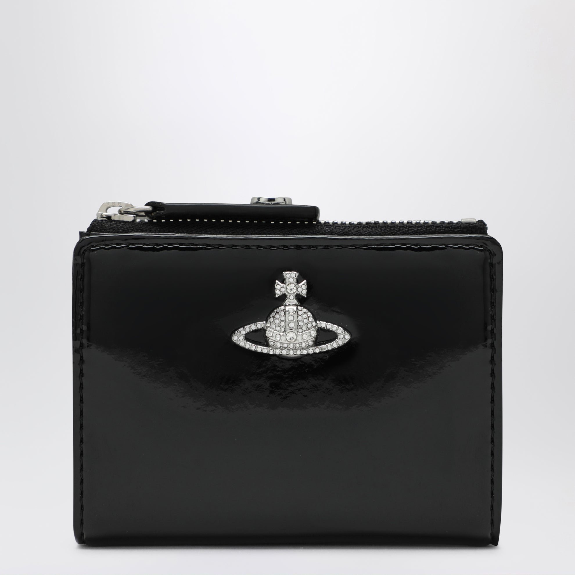 Black Slim Flap Card Holder with crystal-embellished Orb Bas Relief