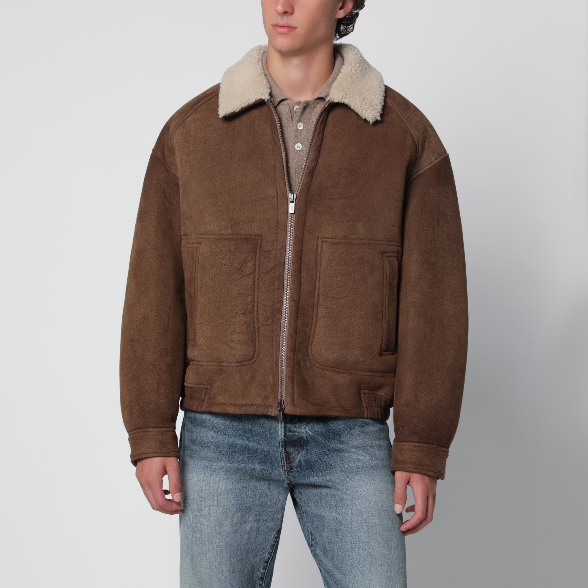 Brown coffee shearling jacket with zip