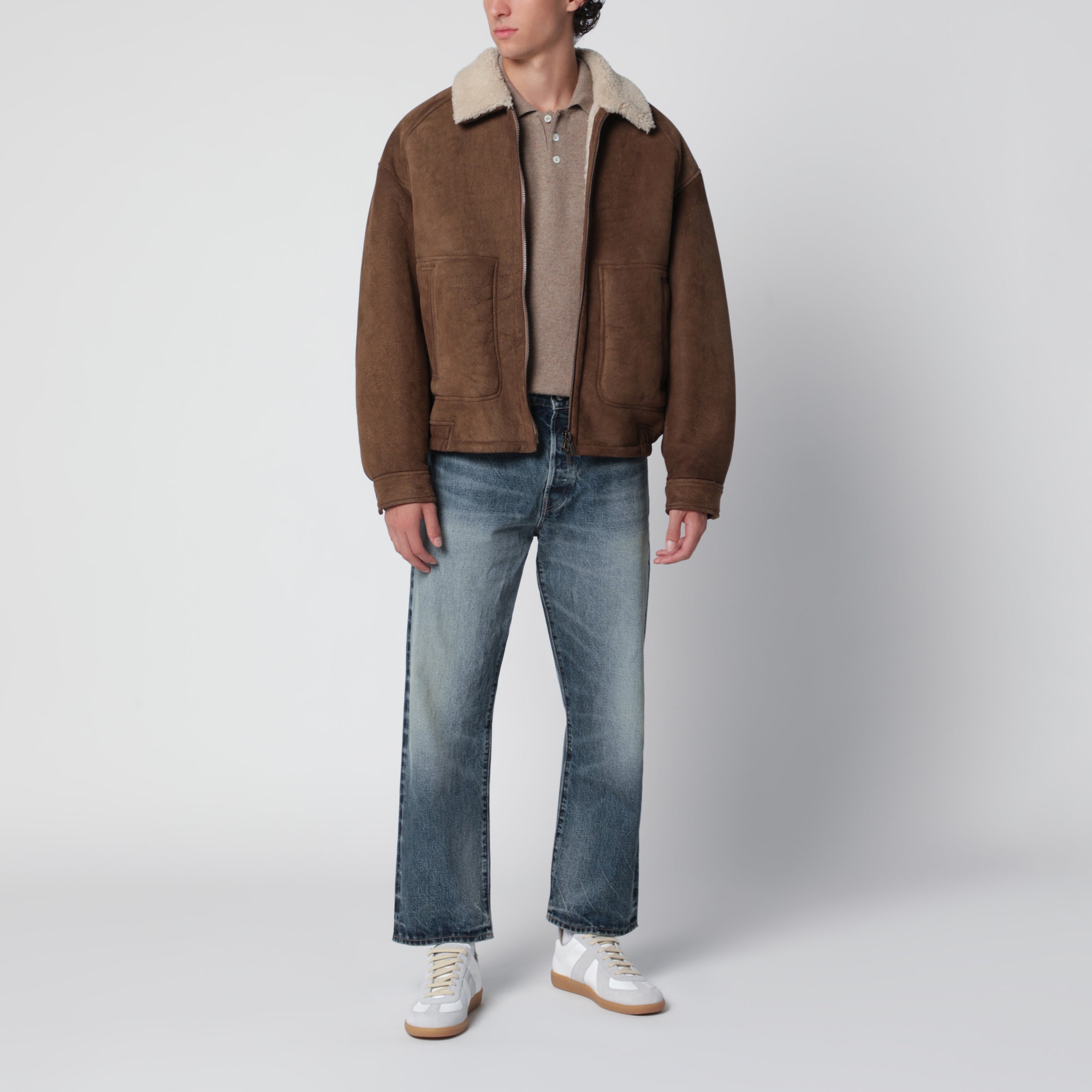 Salvatore Santoro Brown coffee shearling jacket with zip | TheDoubleF
