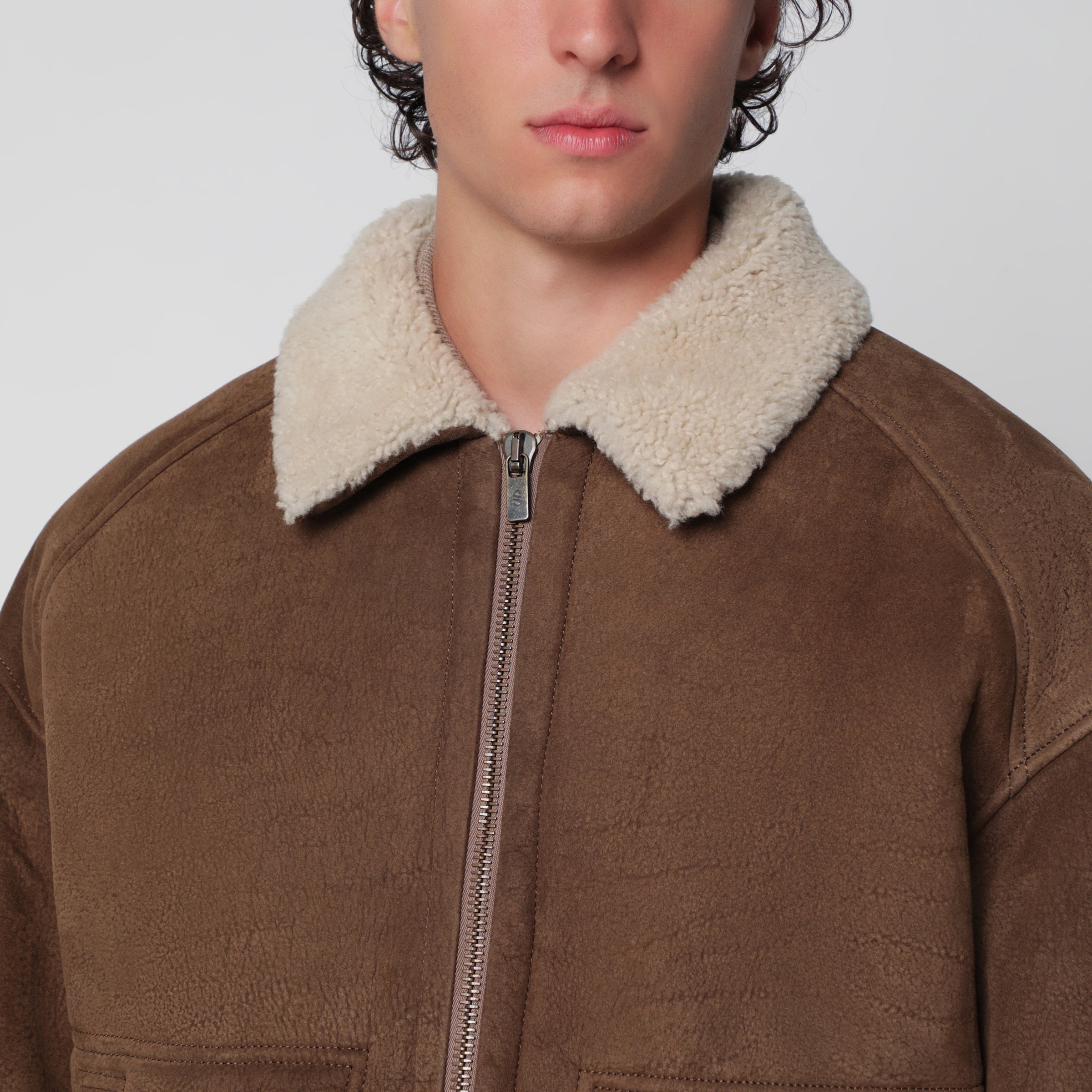 Salvatore Santoro Brown coffee shearling jacket with zip | TheDoubleF