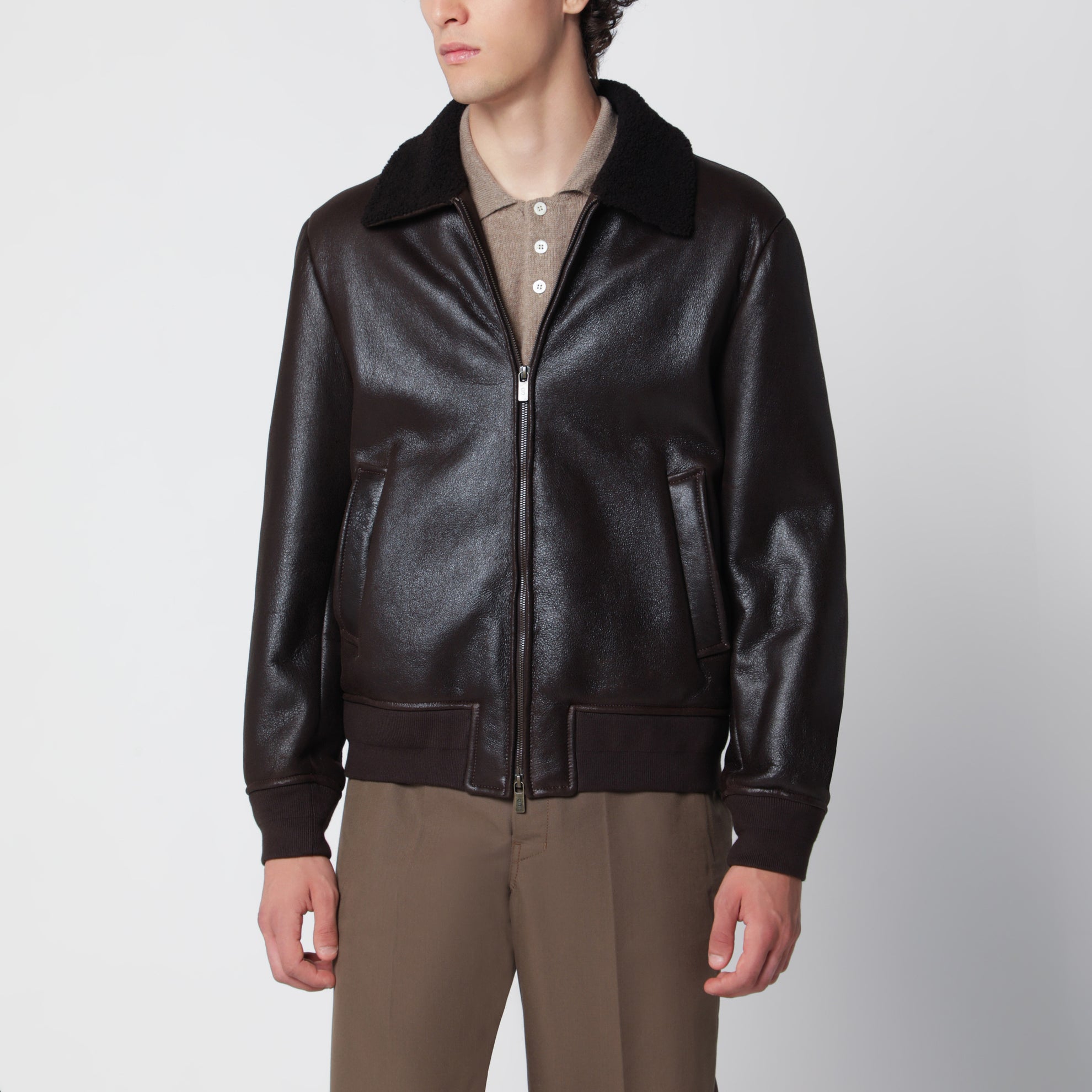 Dark brown leather zip-up jacket