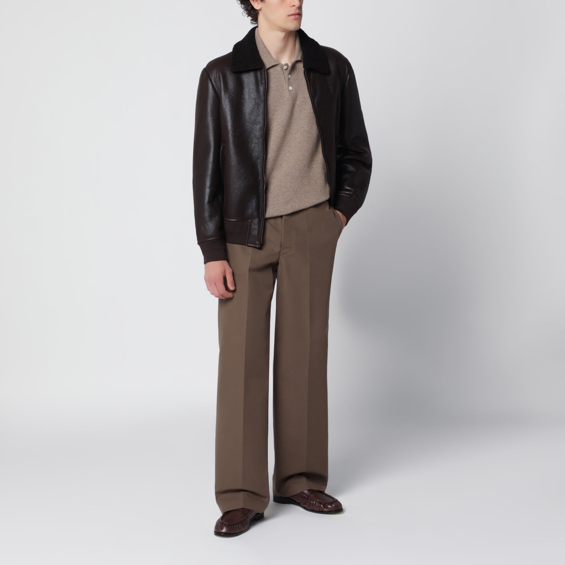 Dark brown leather zip-up jacket