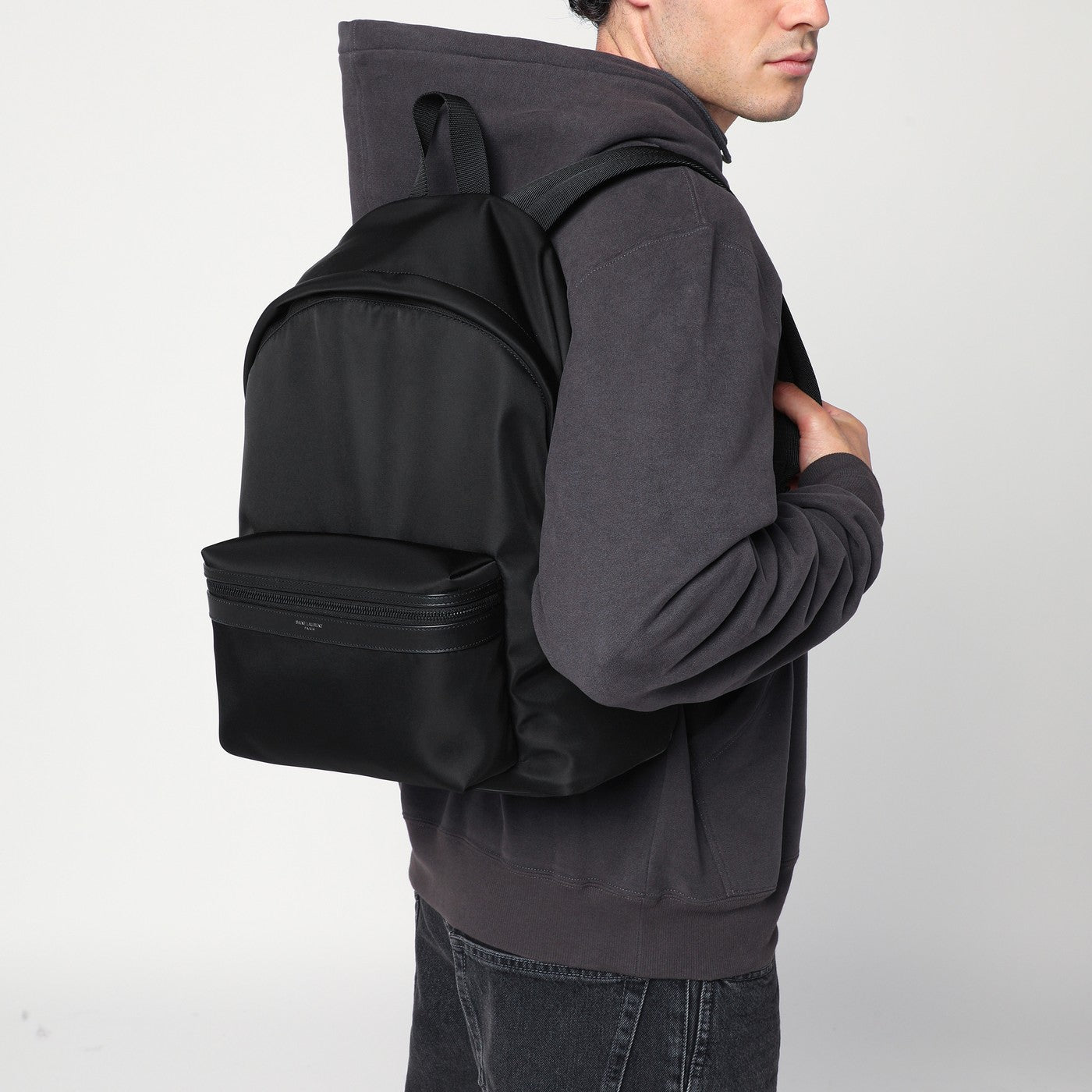 Black leather and nylon backpack