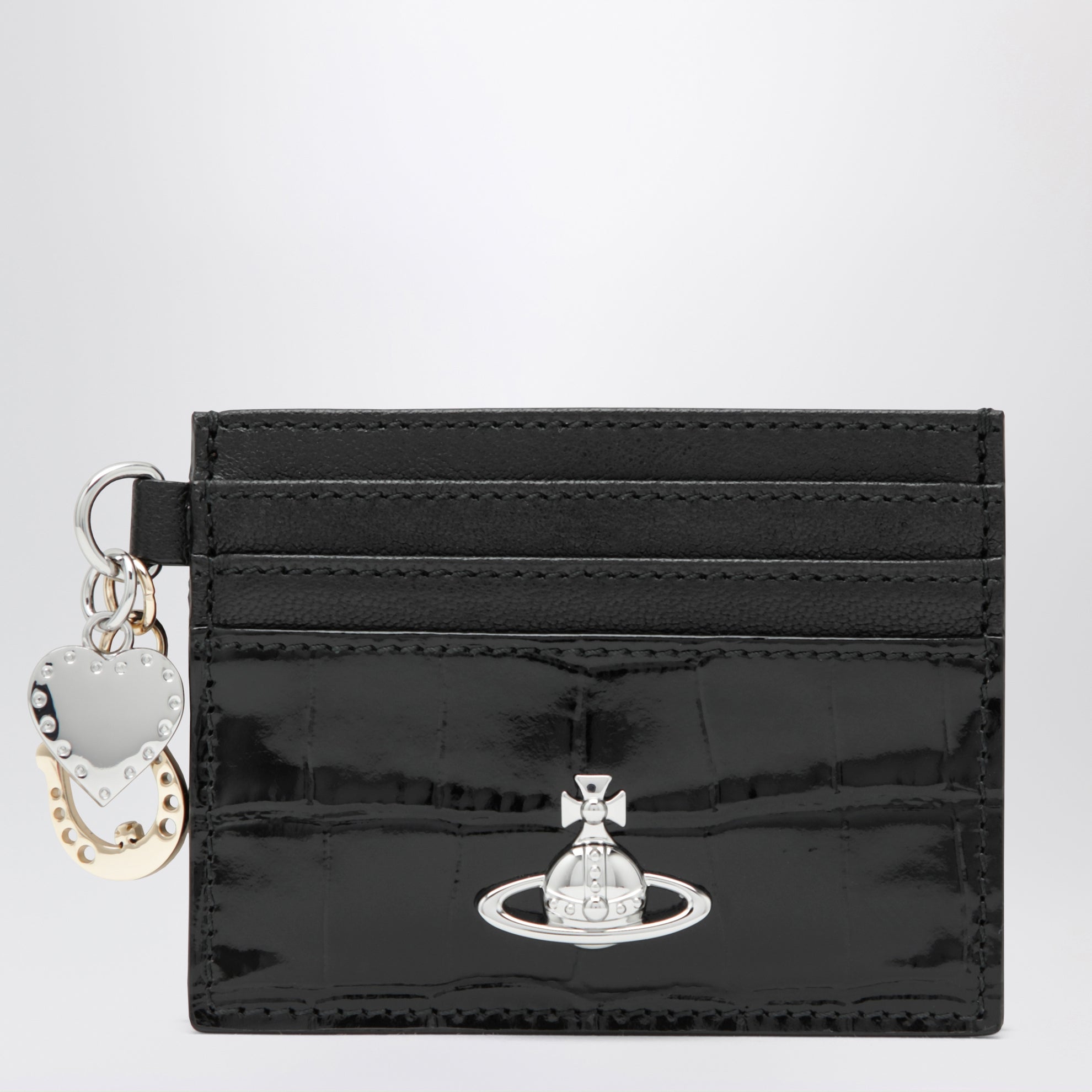 Porte-cartes à breloques en cuir noir effet croco