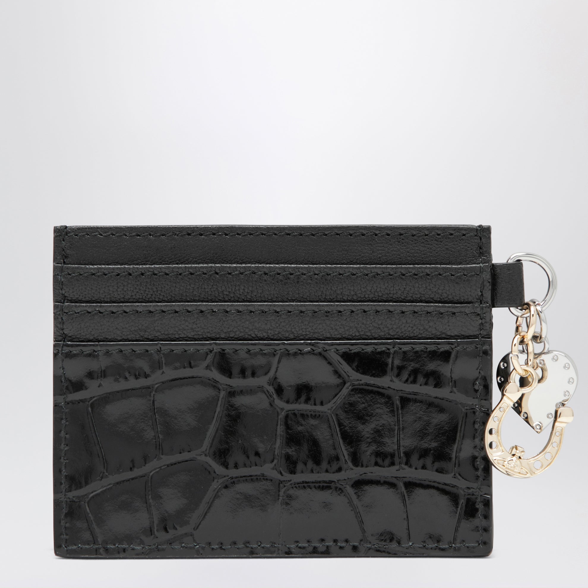 Porte-cartes à breloques en cuir noir effet croco