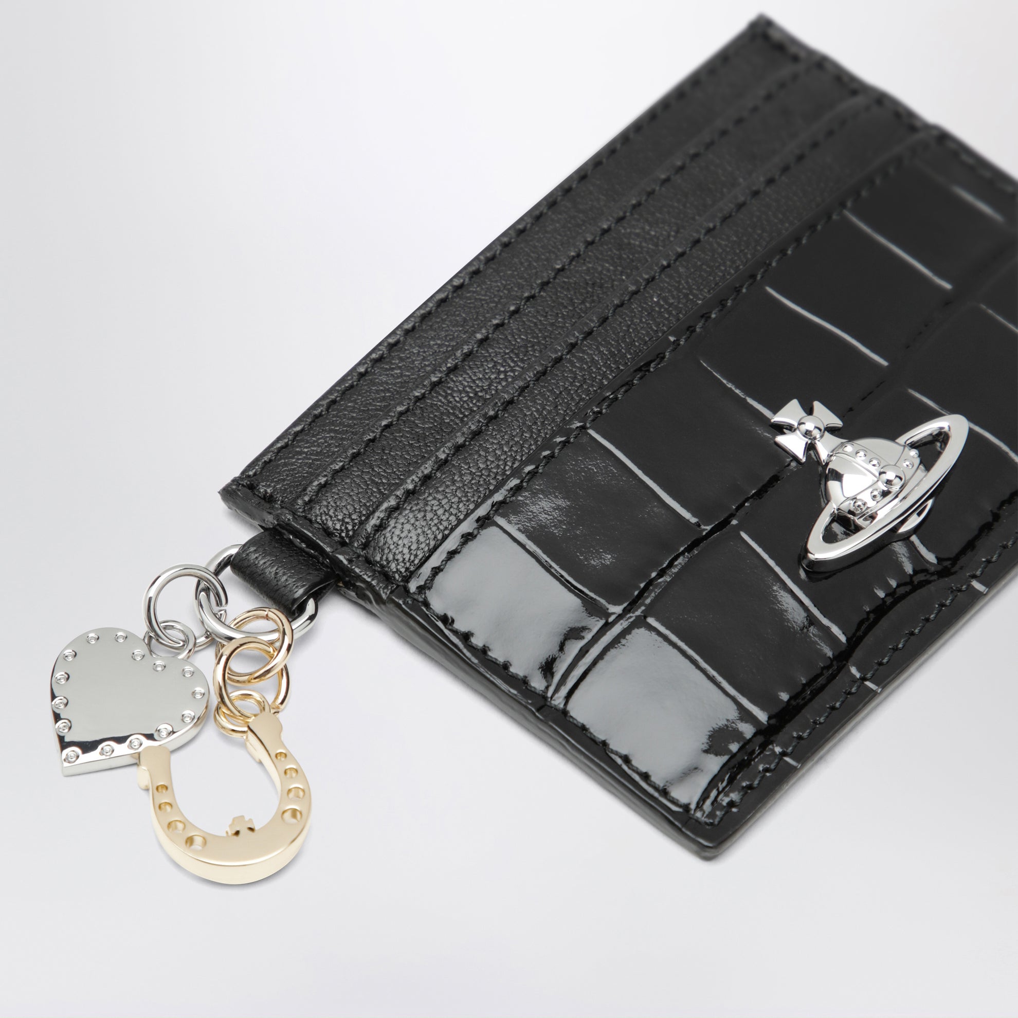 Porte-cartes à breloques en cuir noir effet croco