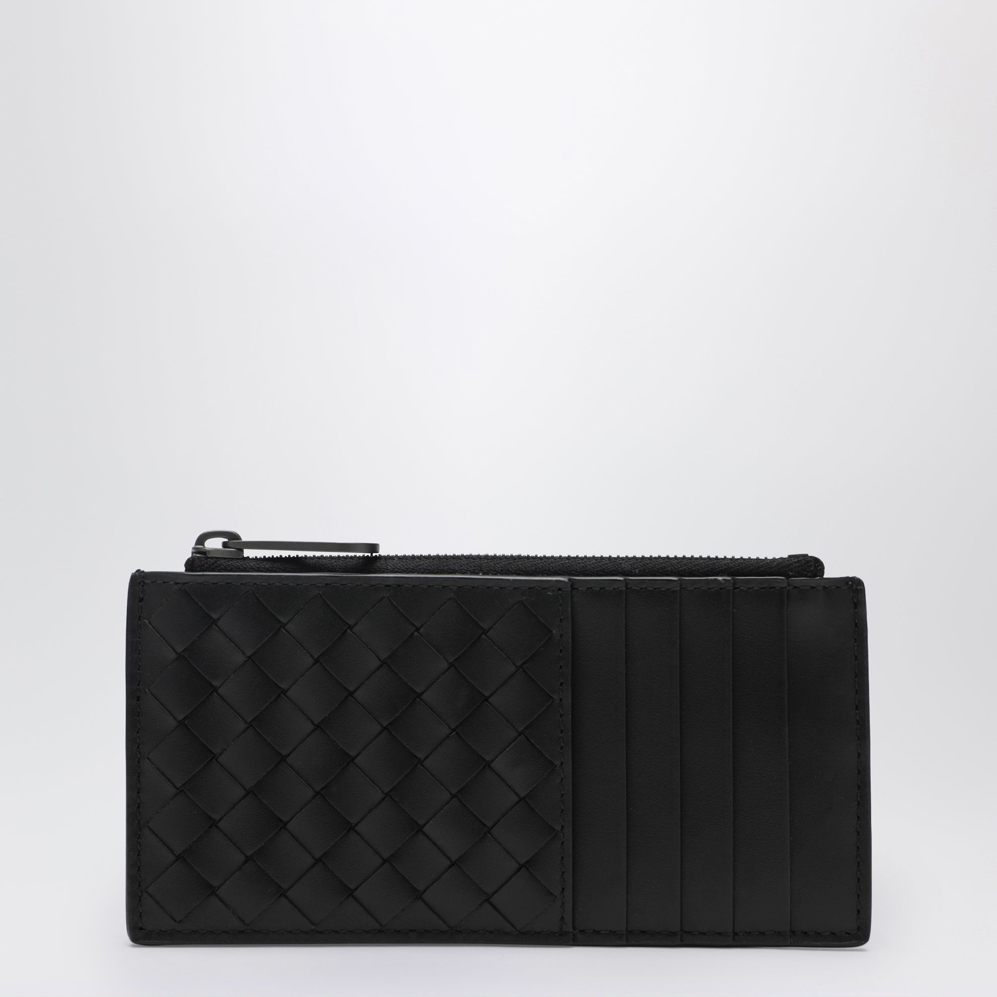 Portacarte con zip nero in Intrecciato