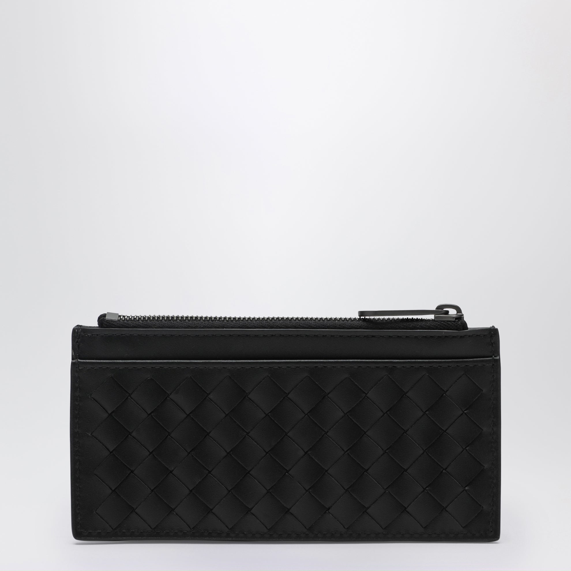 Portacarte con zip nero in Intrecciato