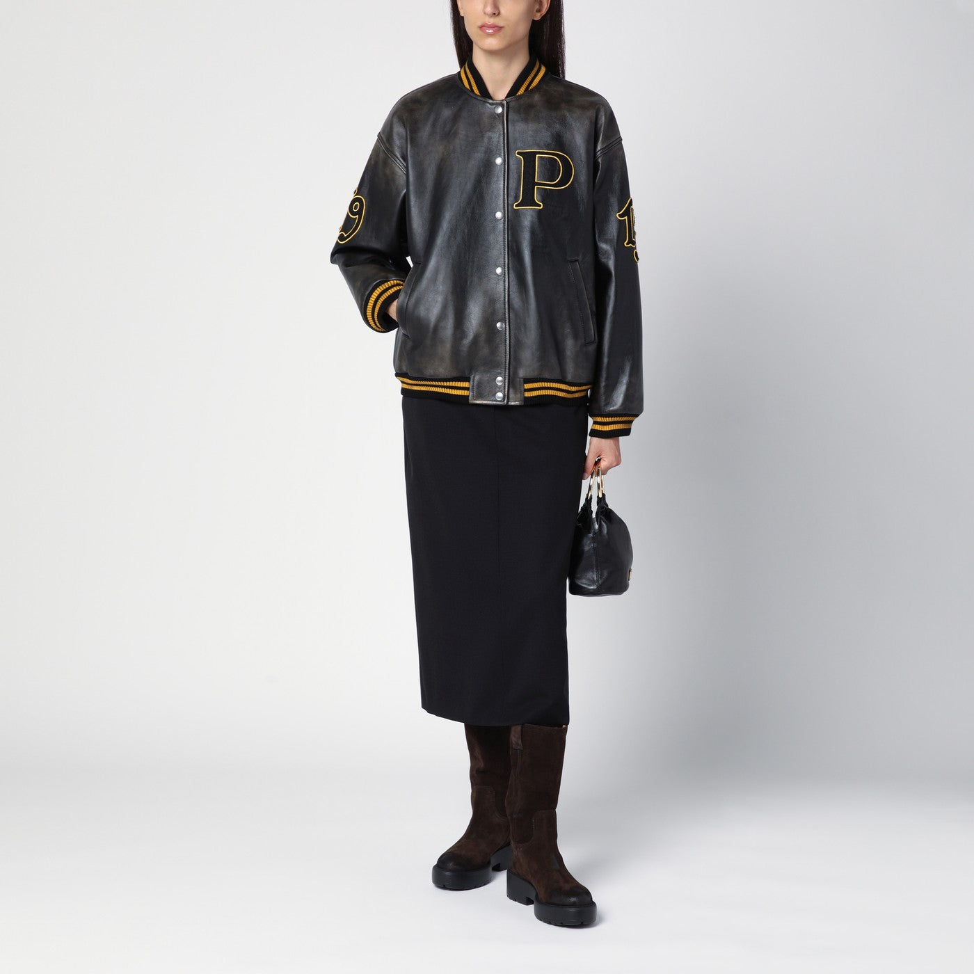 Leather bomber Vintage black with patch
