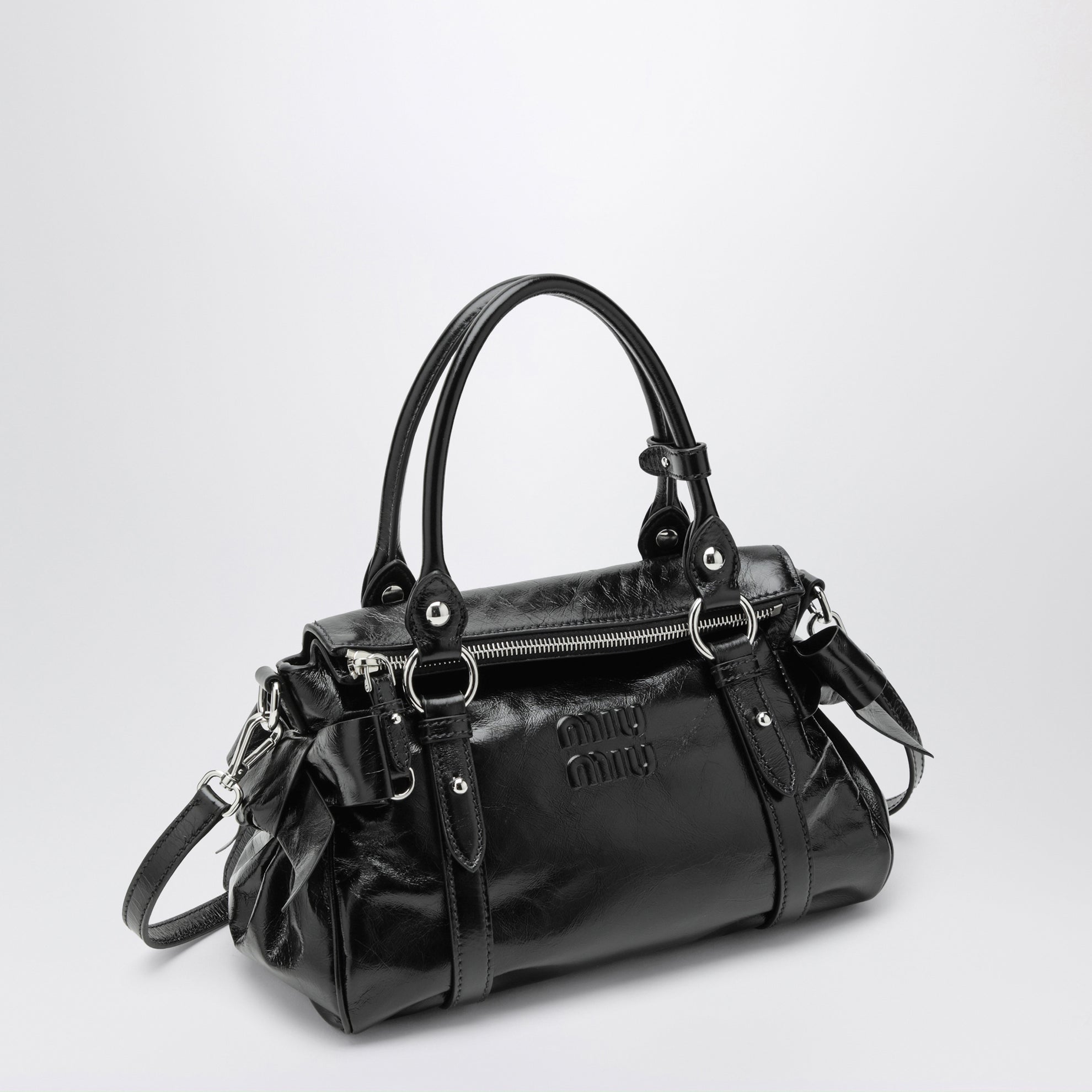 Borsa a mano media in pelle lucida nera