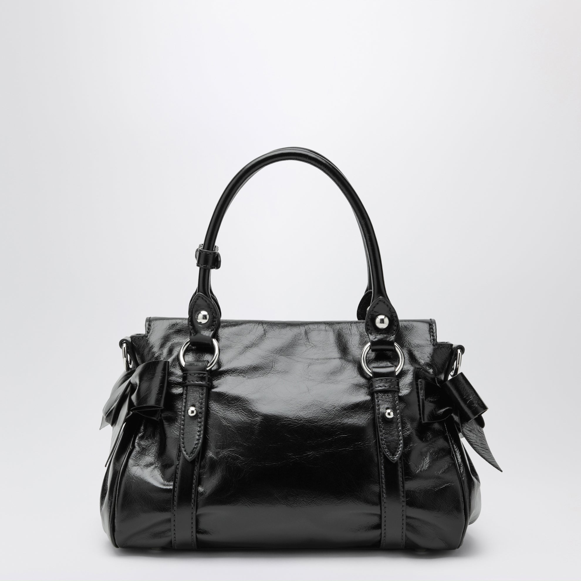 Borsa a mano media in pelle lucida nera