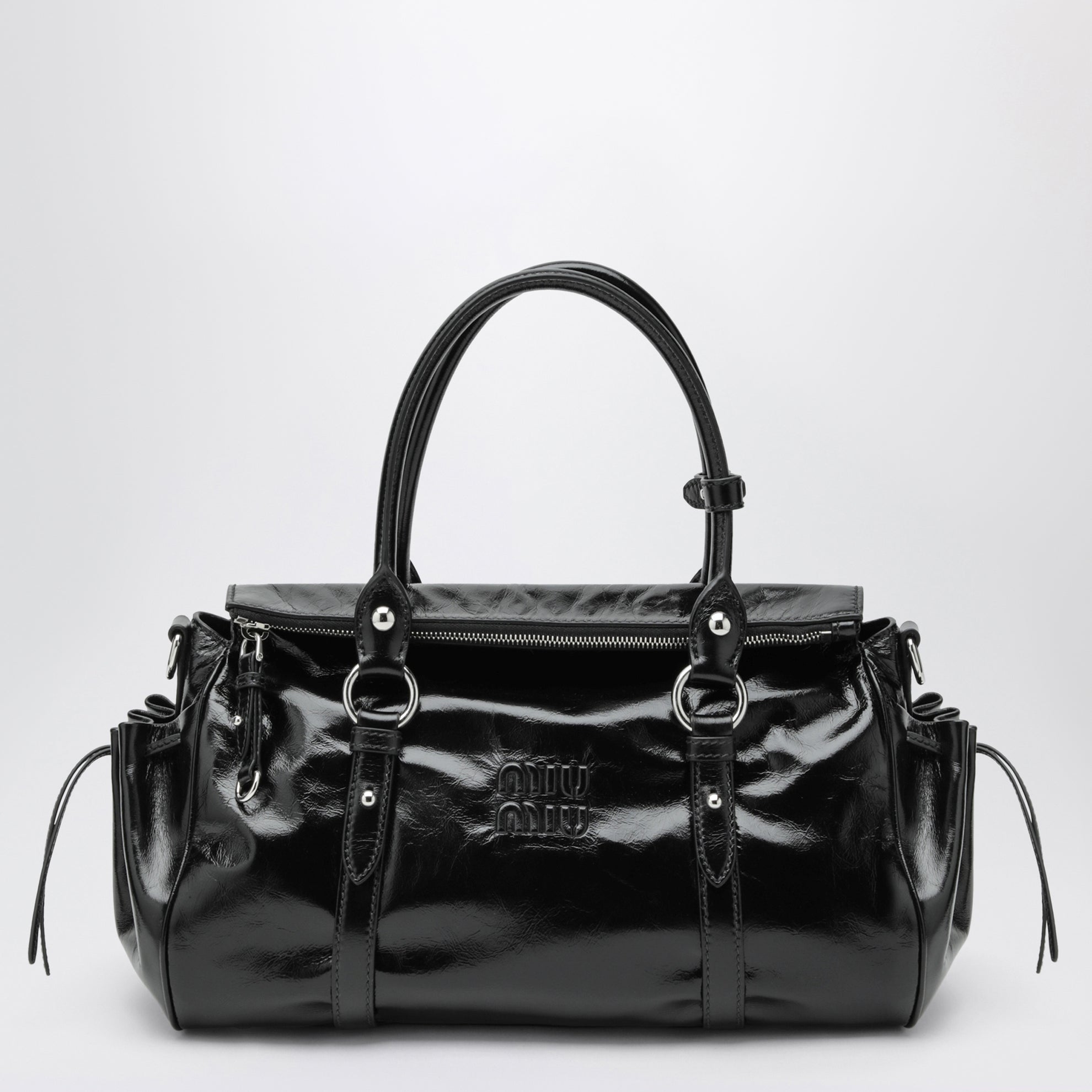 Large top-handle bag in glossy black leather