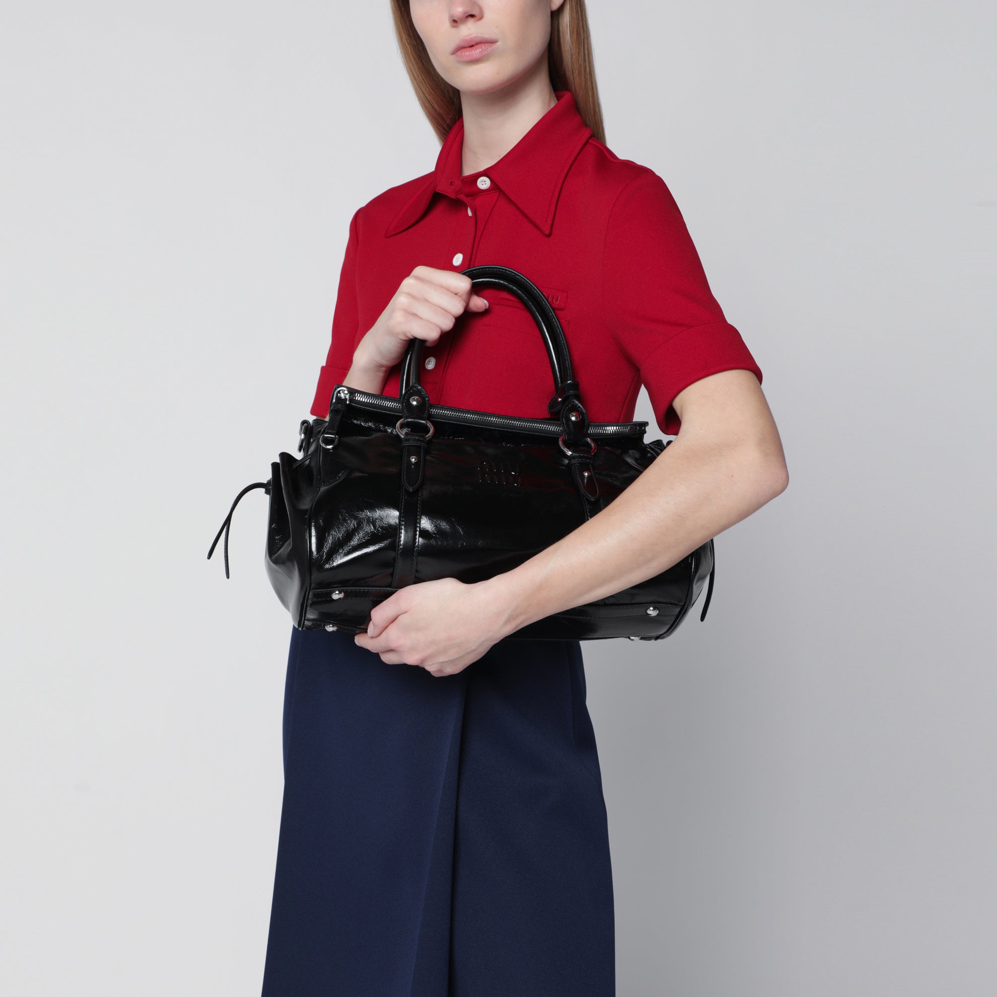Large top-handle bag in glossy black leather