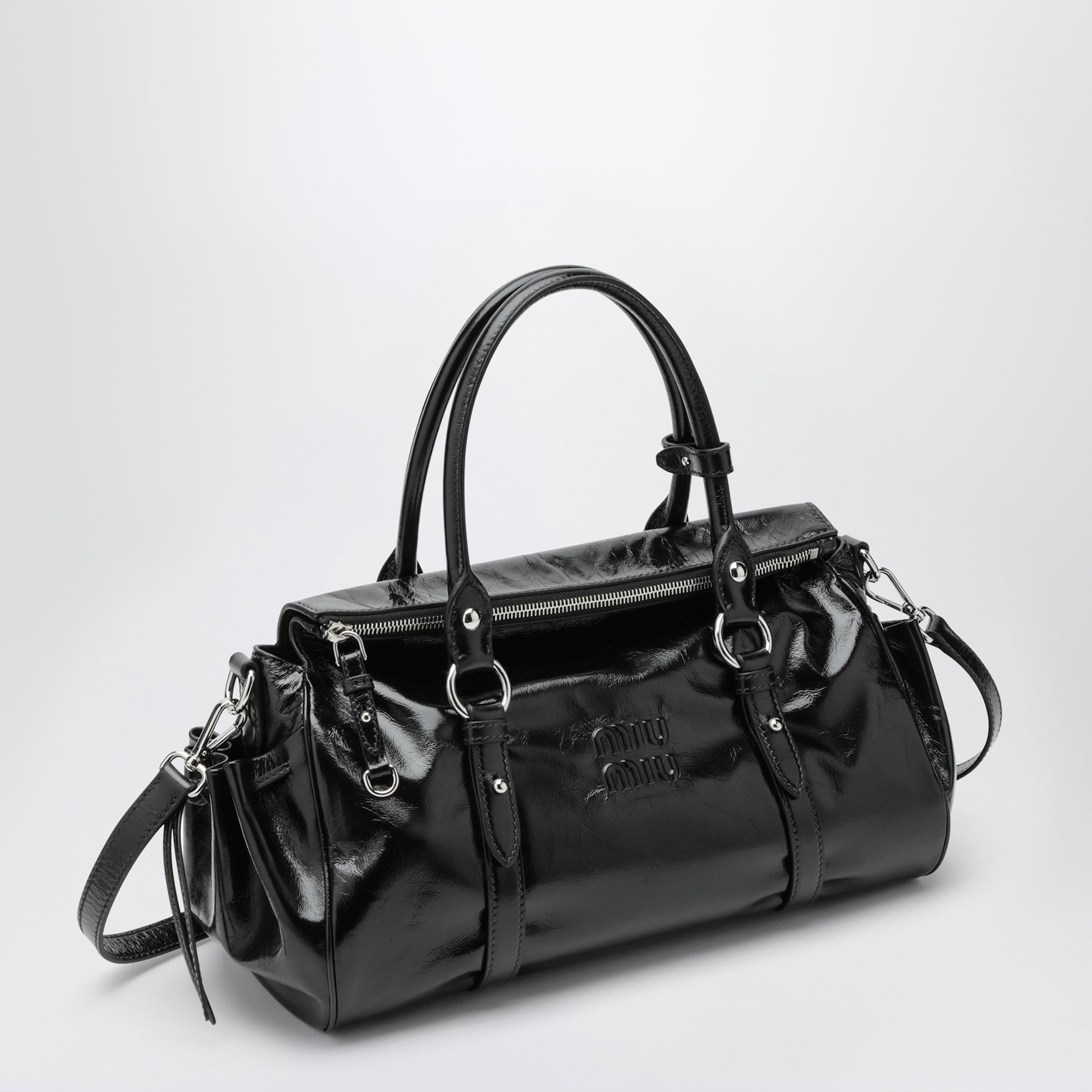 Large top-handle bag in glossy black leather