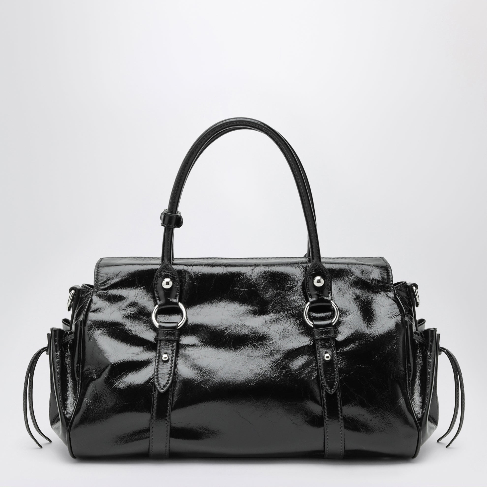Large top-handle bag in glossy black leather