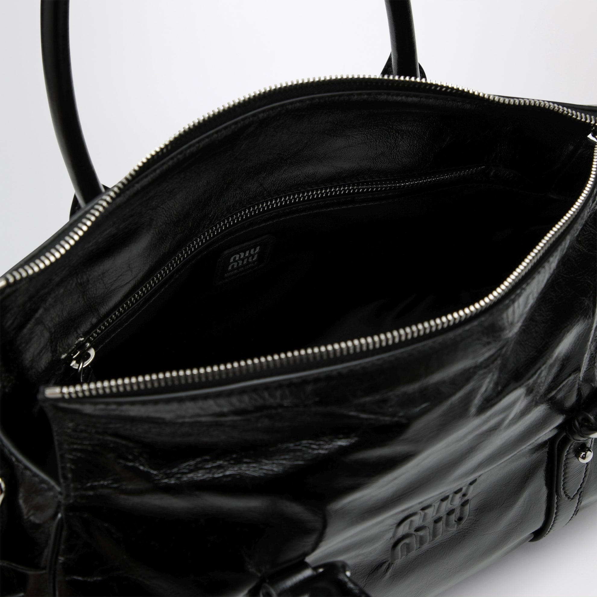 Large top-handle bag in glossy black leather