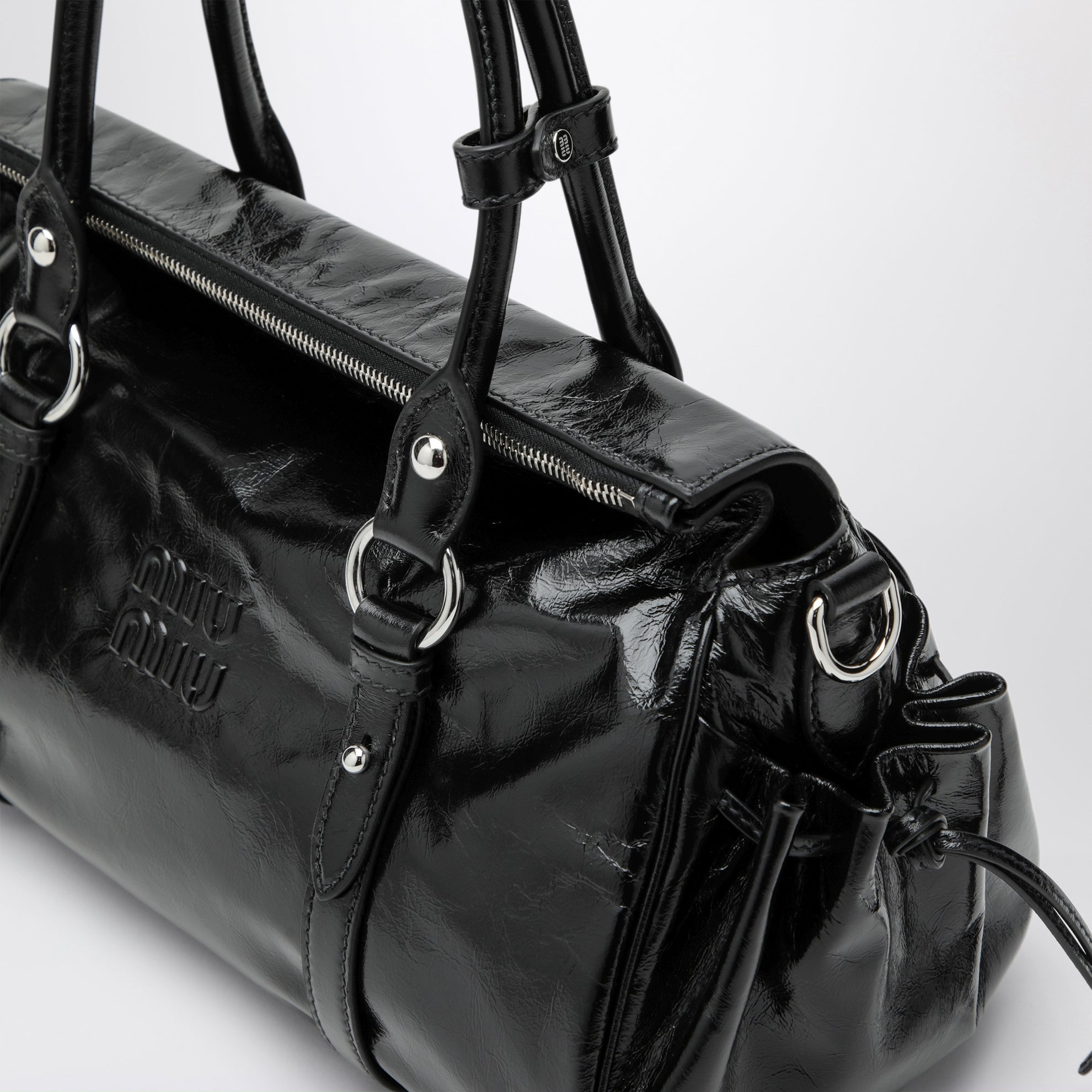 Large top-handle bag in glossy black leather