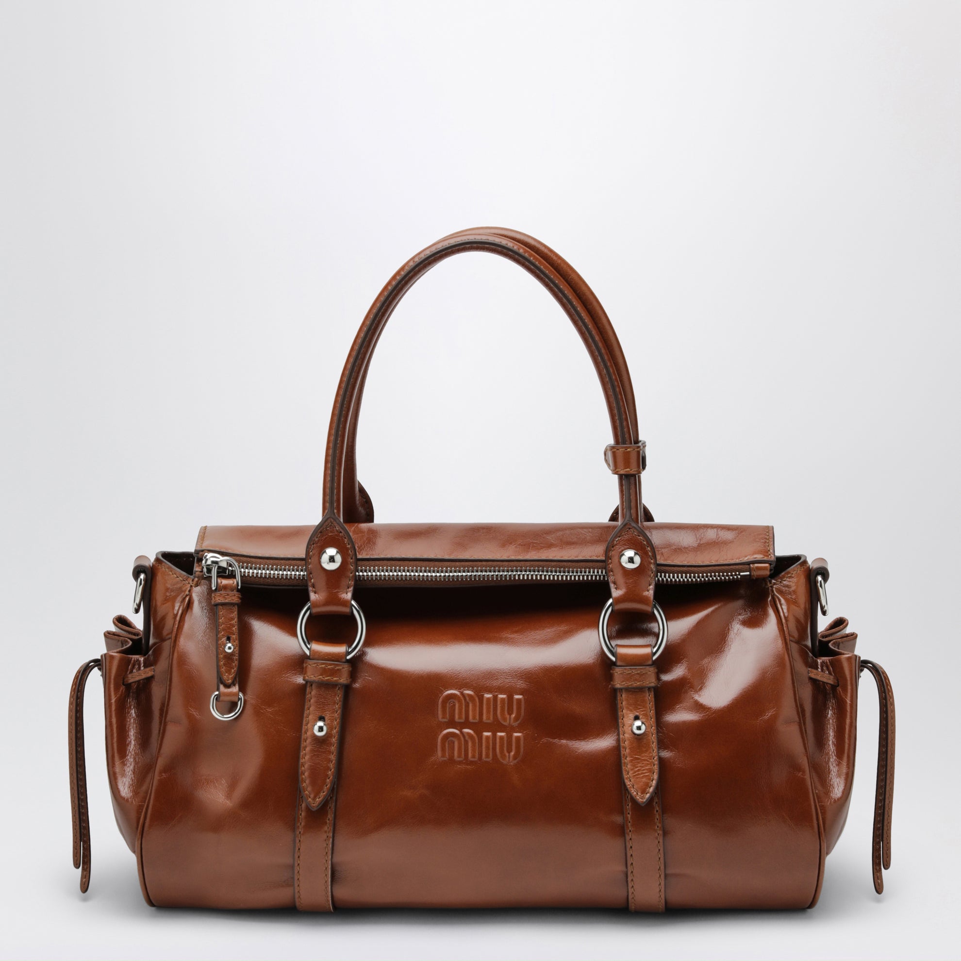 Large top-handle bag in glossy Palisander leather
