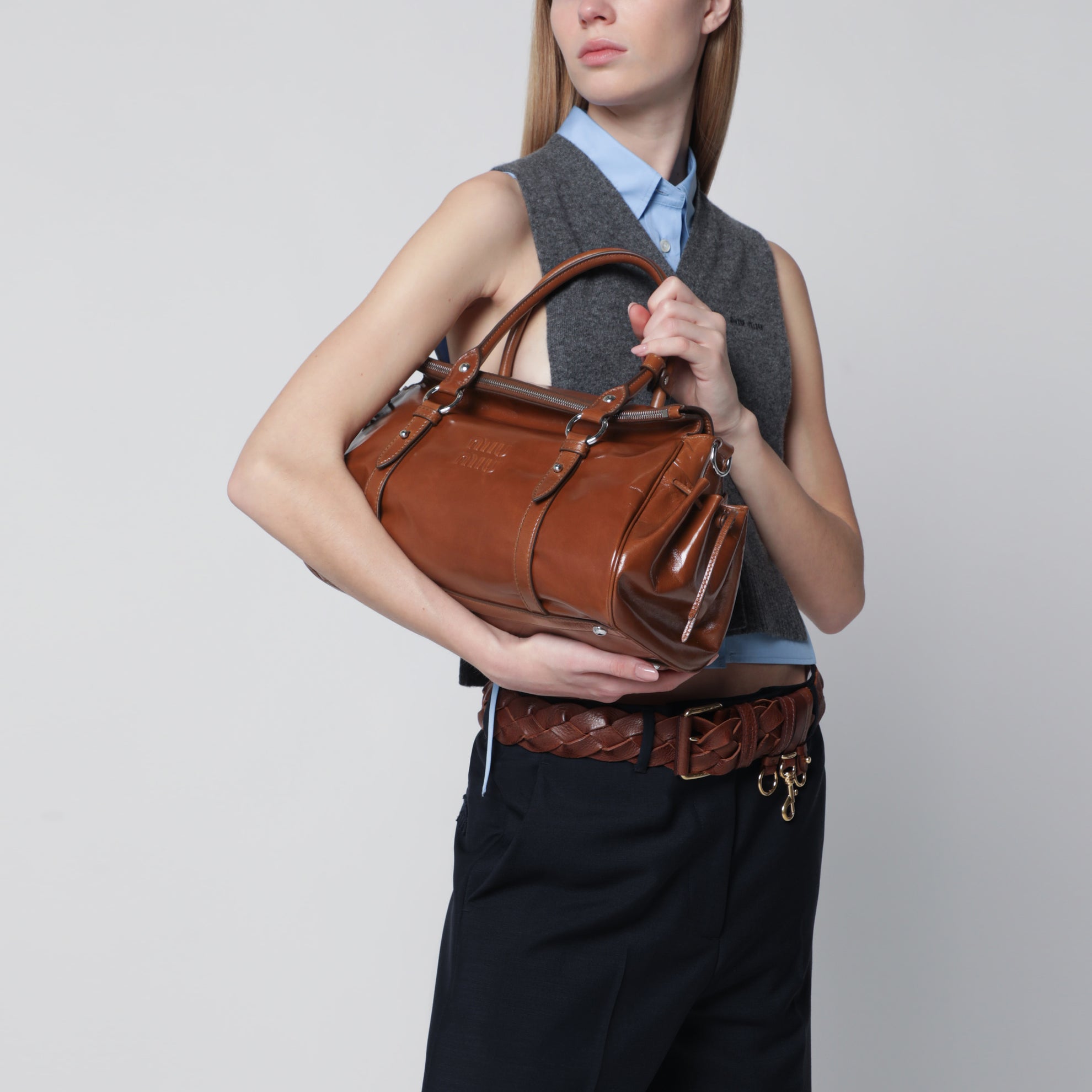 Large top-handle bag in glossy Palisander leather