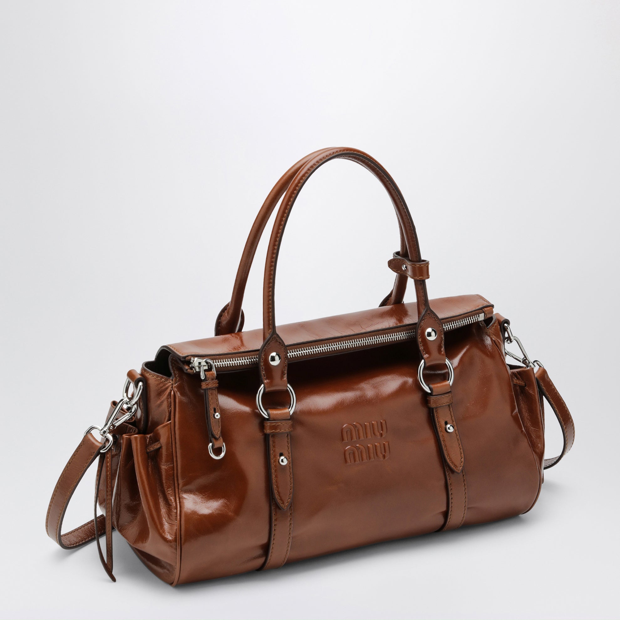 Large top-handle bag in glossy Palisander leather