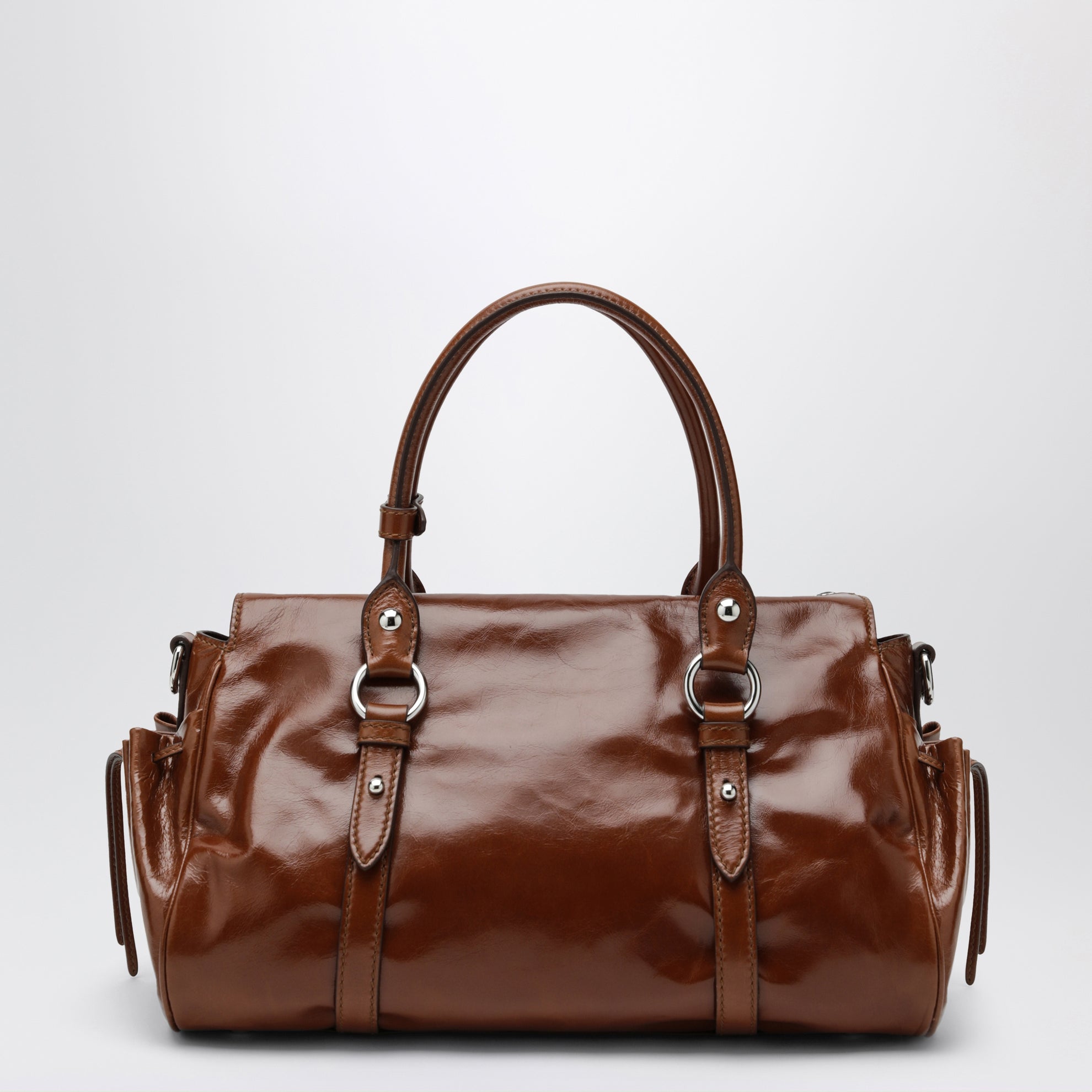 Large top-handle bag in glossy Palisander leather