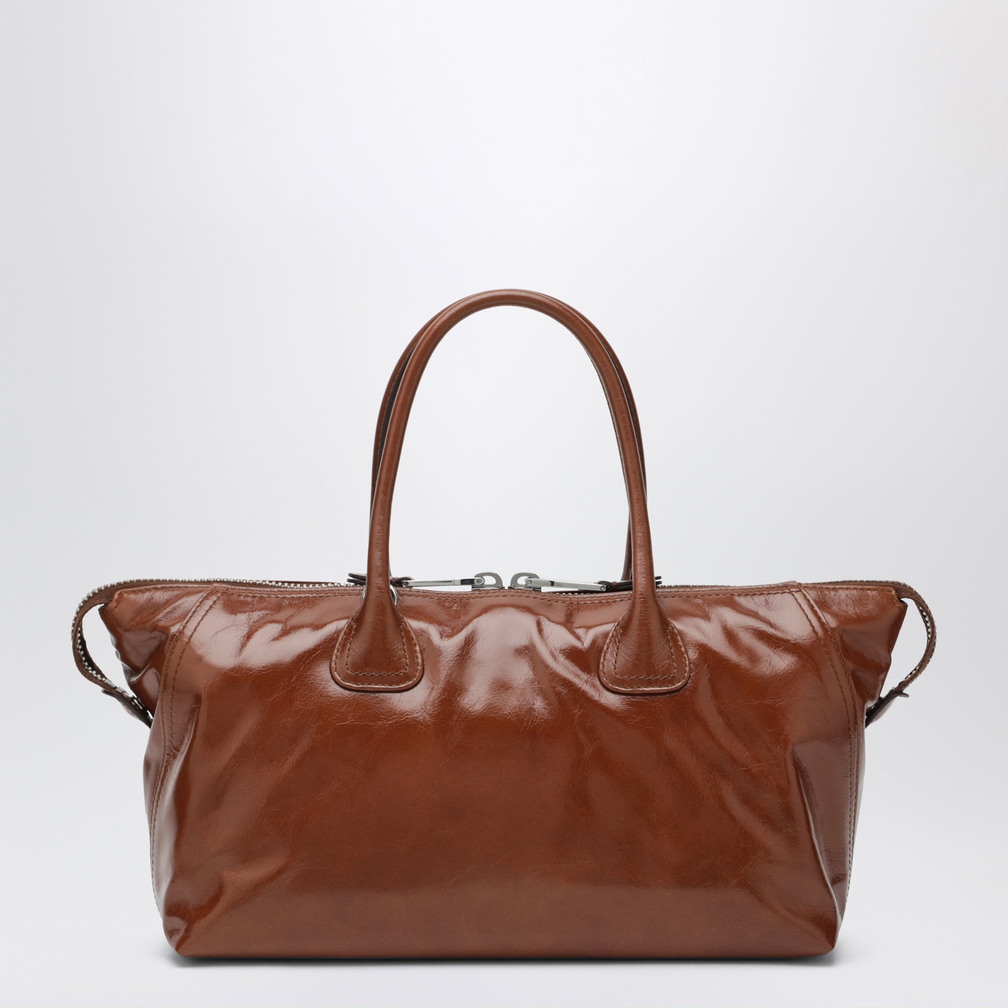 Borsa a mano in pelle lucida marrone