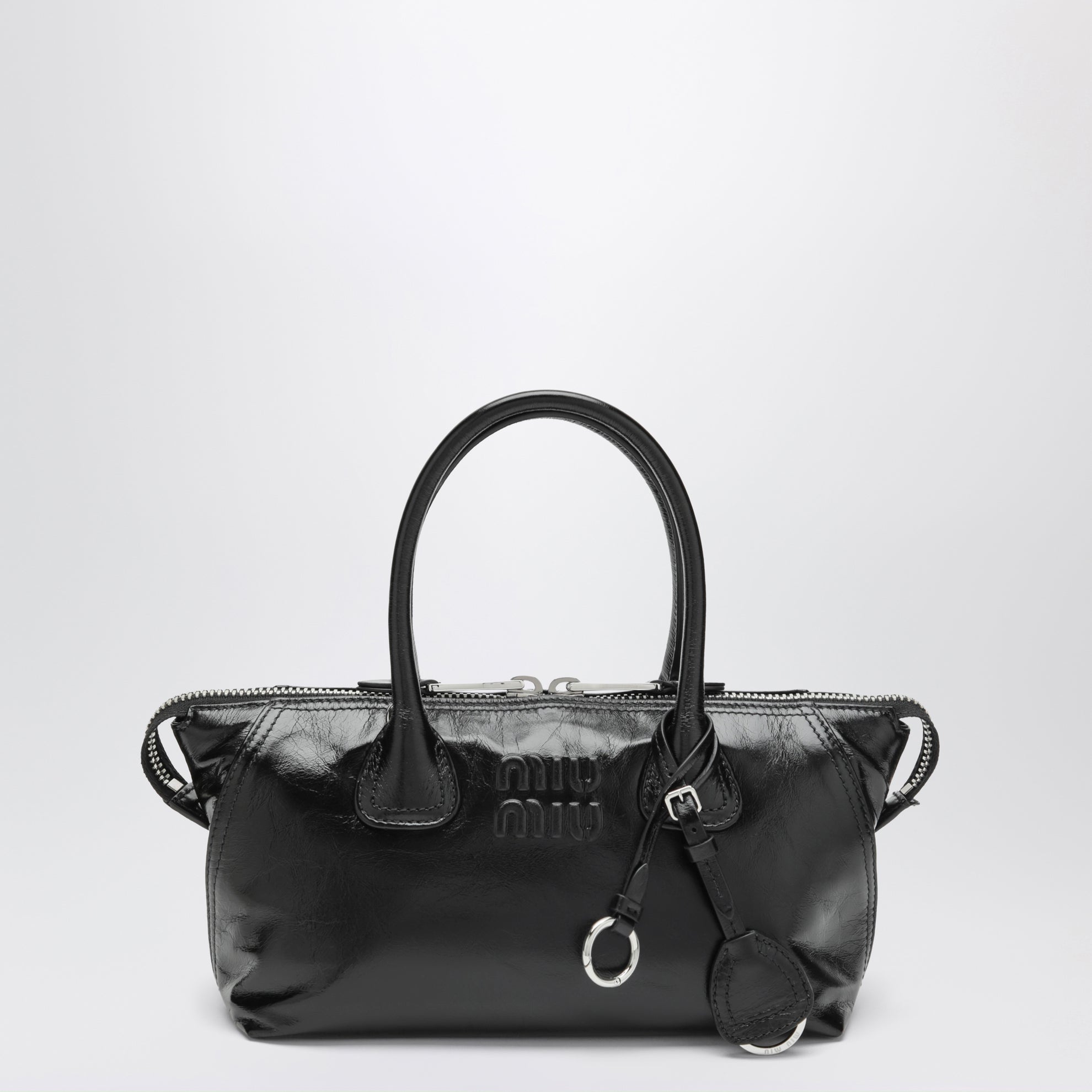 Black glossy leather top-handle bag