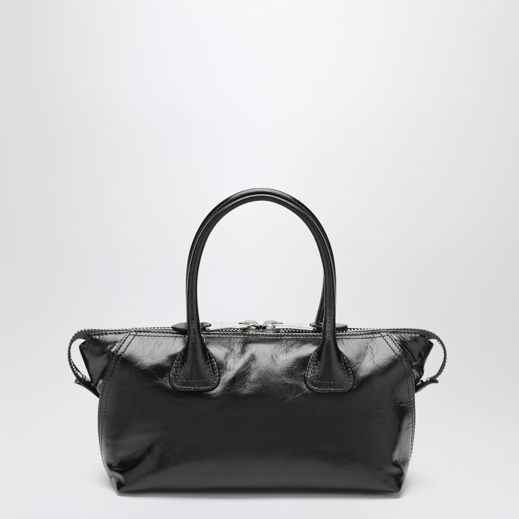 Black glossy leather top-handle bag