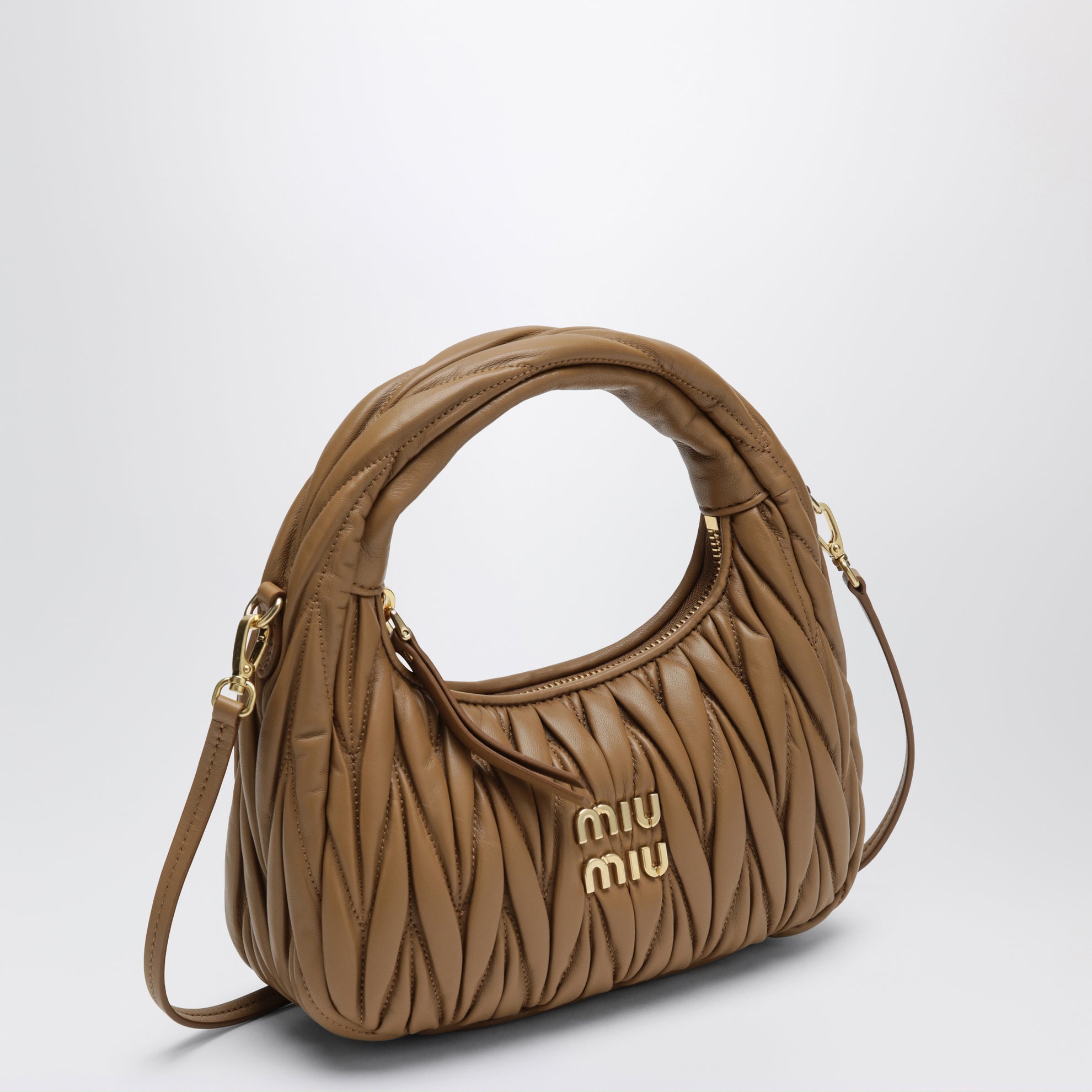 Small Miu Wander bag in matelassé leather, Caramel