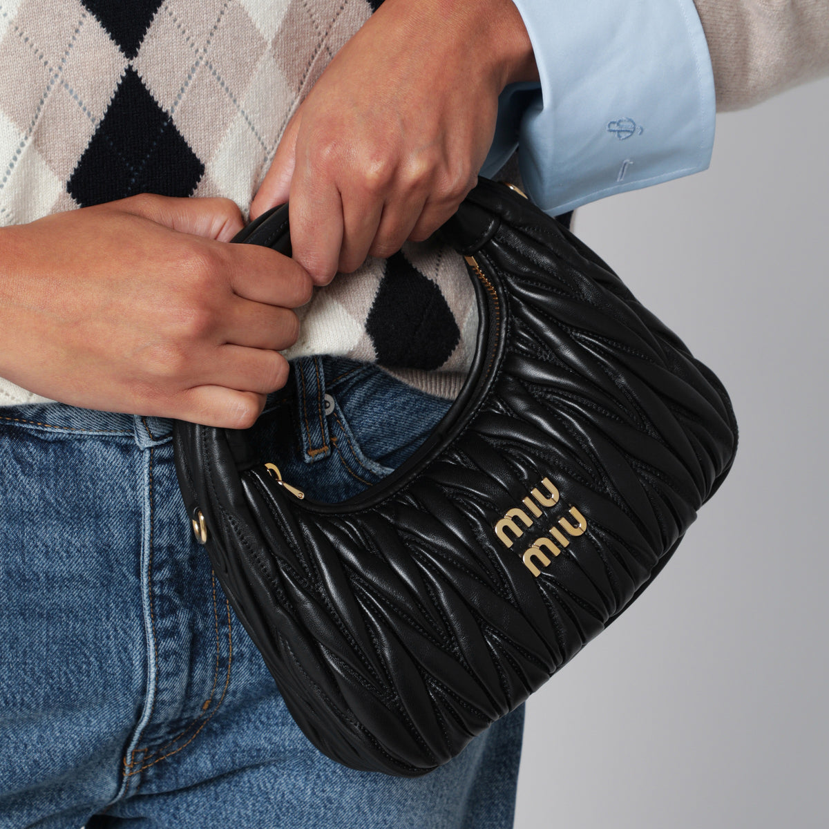Small Miu Wander black matelassé bag