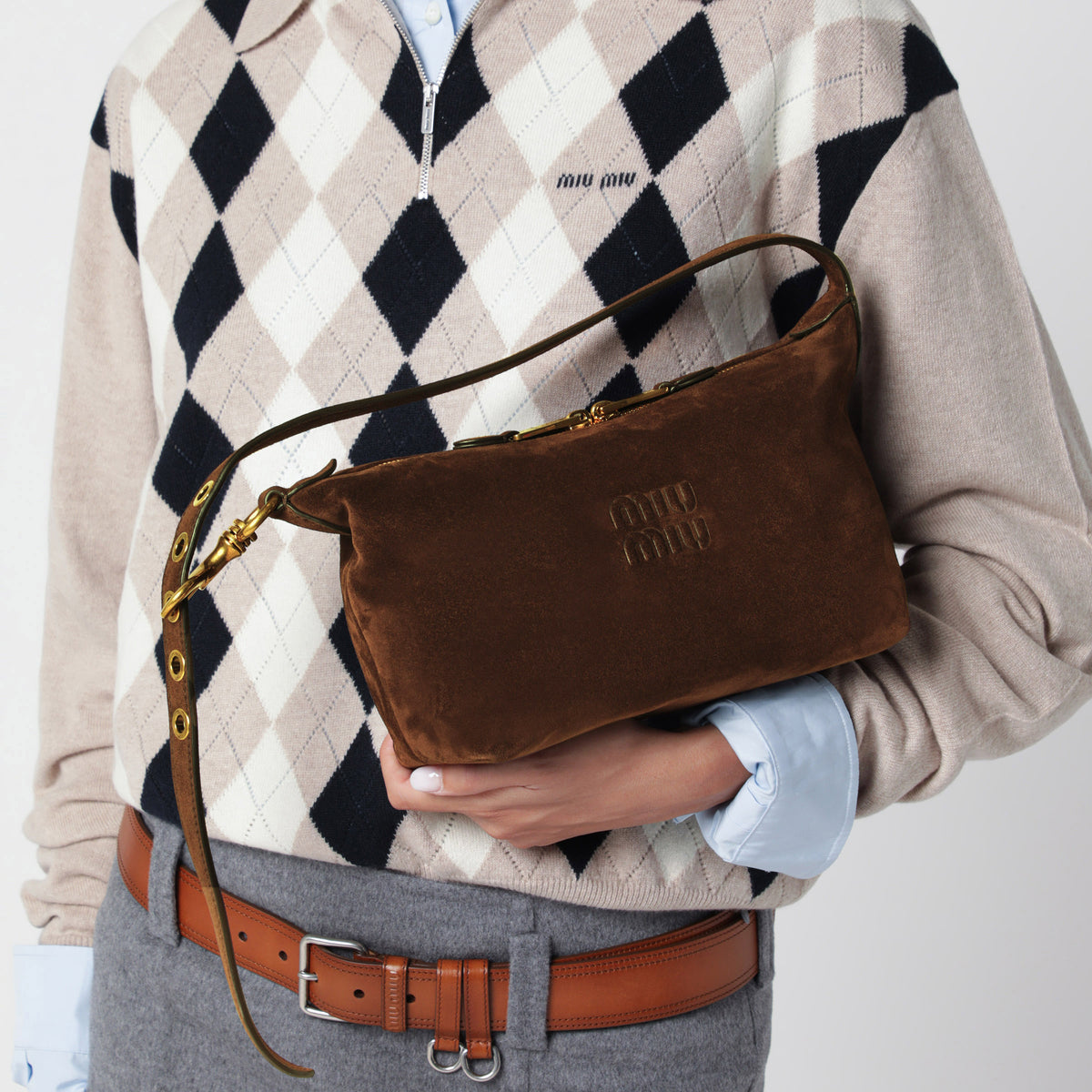 Bowling bag in suede, Dark Brown