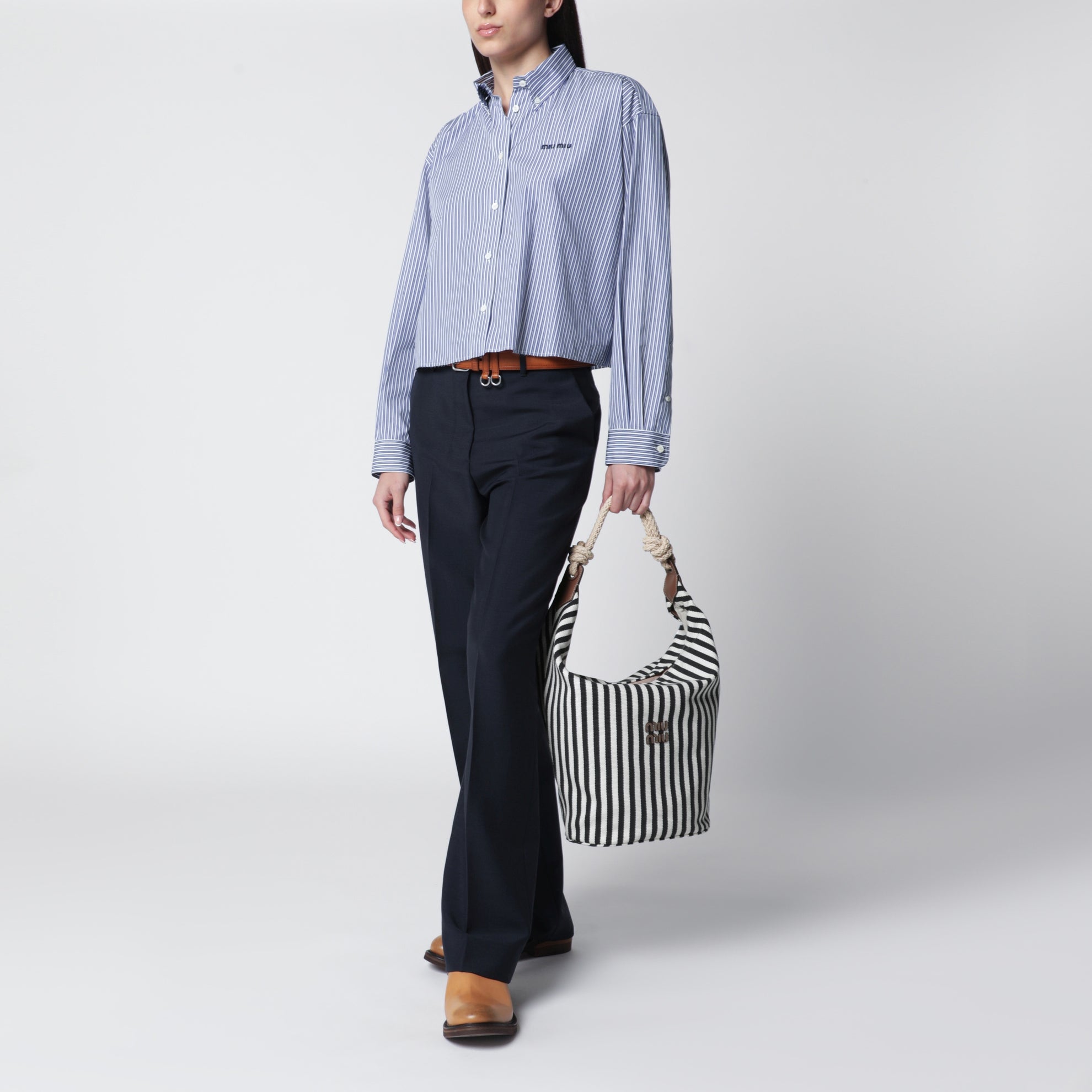 Borsa a righe in canvas Blu/Cognac