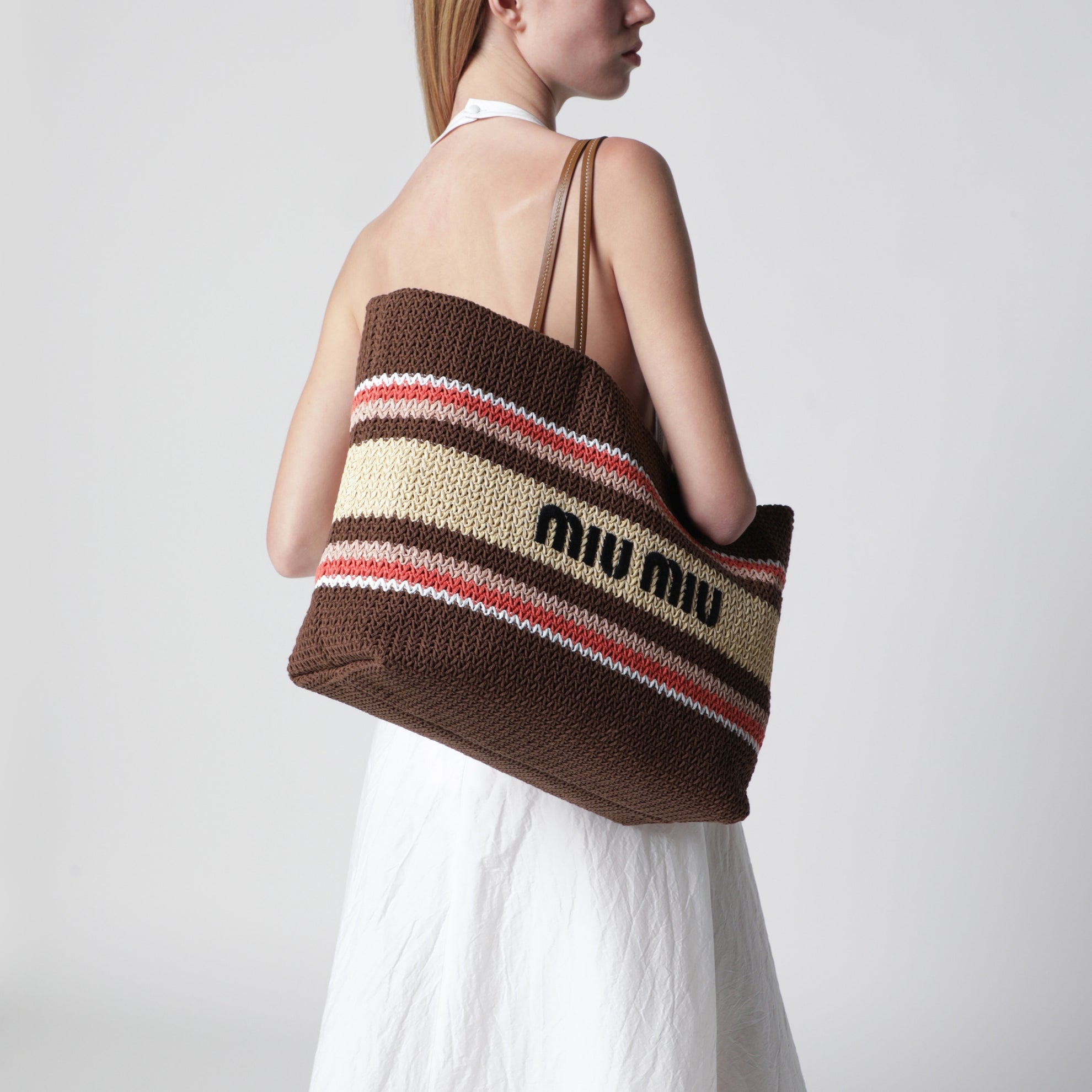 Borsa shopping grande in filato effetto rafia Tabacco/Fragola/Naturale