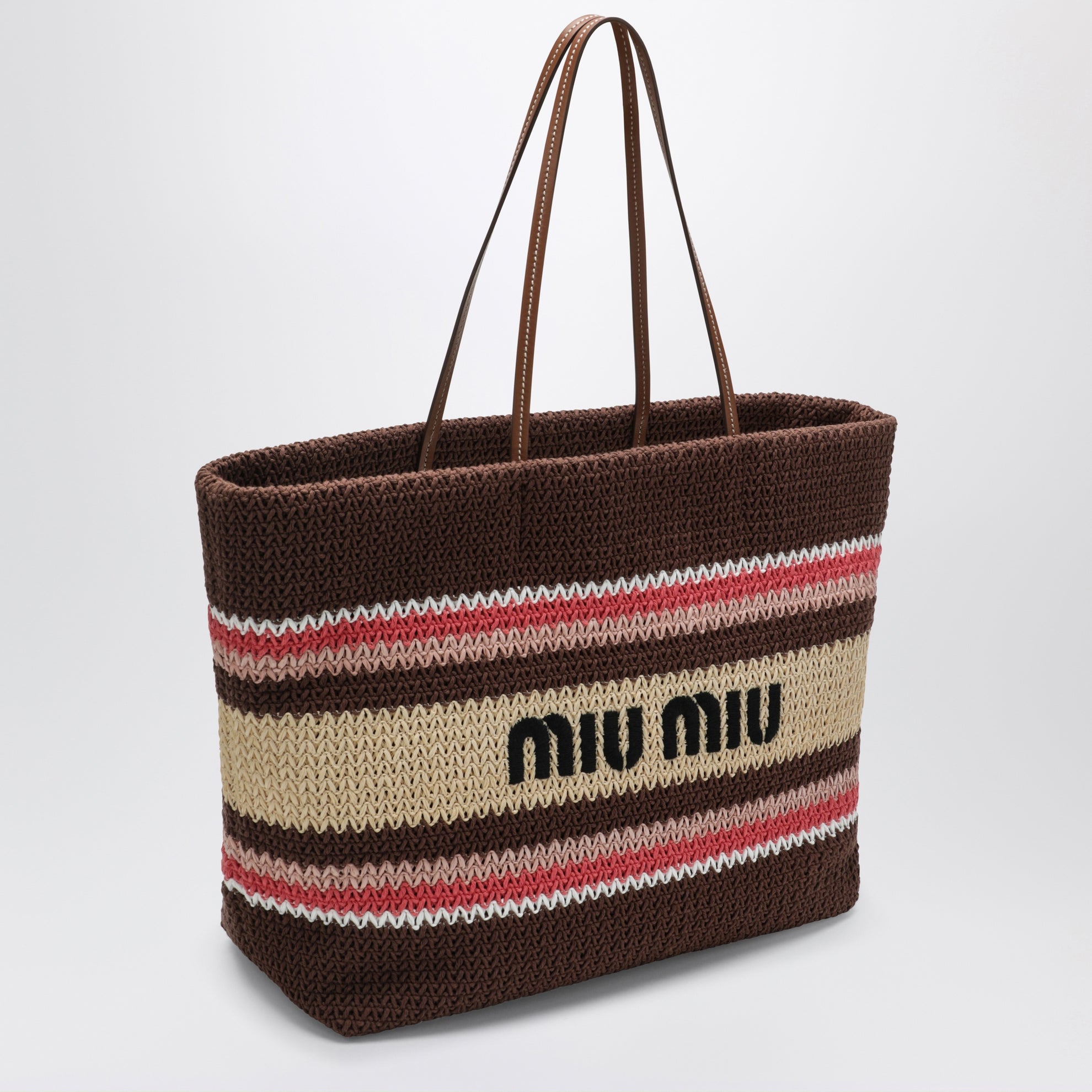 Borsa shopping grande in filato effetto rafia Tabacco/Fragola/Naturale