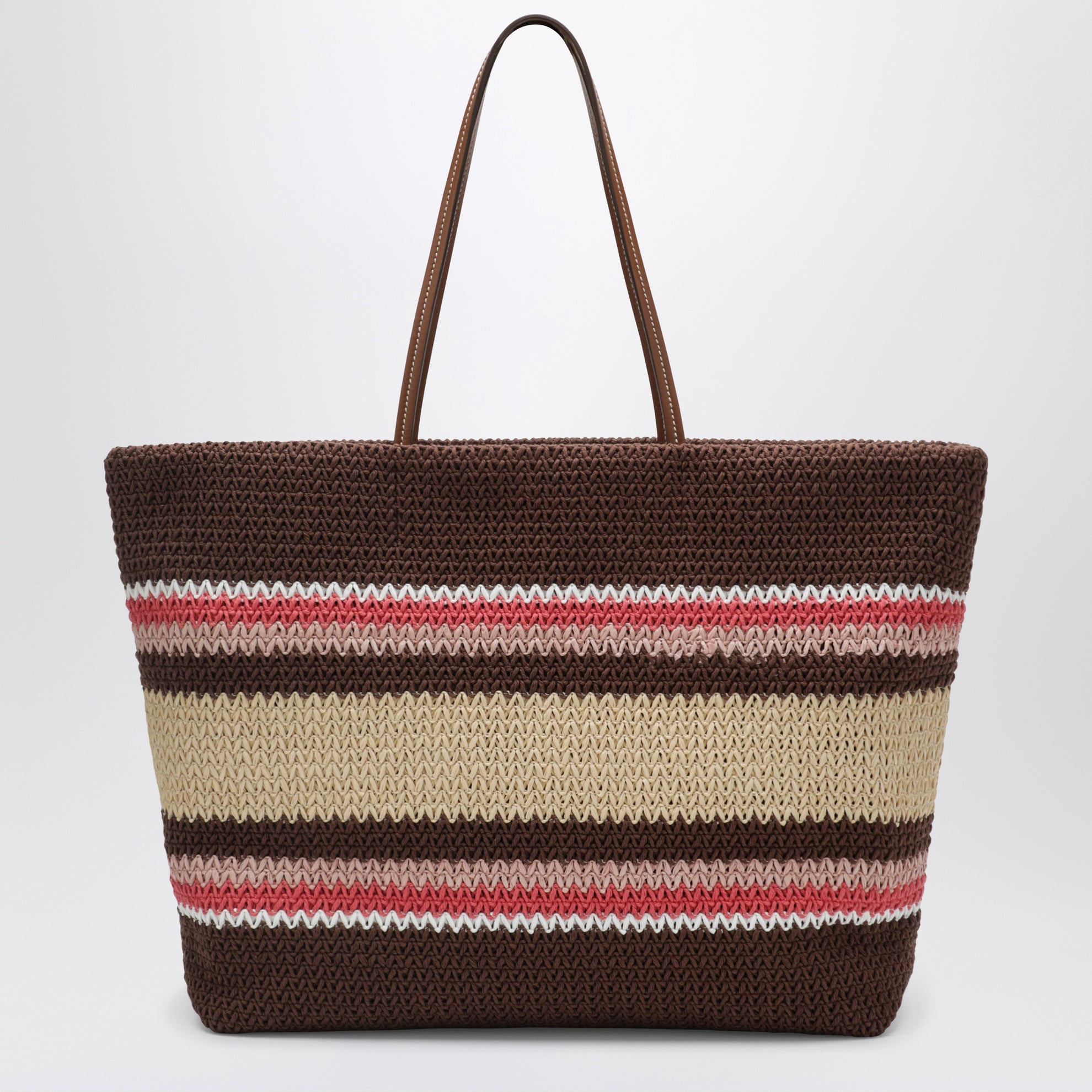 Borsa shopping grande in filato effetto rafia Tabacco/Fragola/Naturale