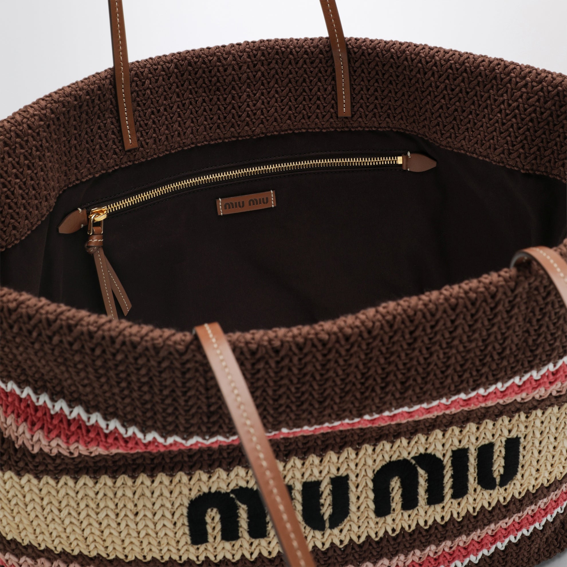 Borsa shopping grande in filato effetto rafia Tabacco/Fragola/Naturale