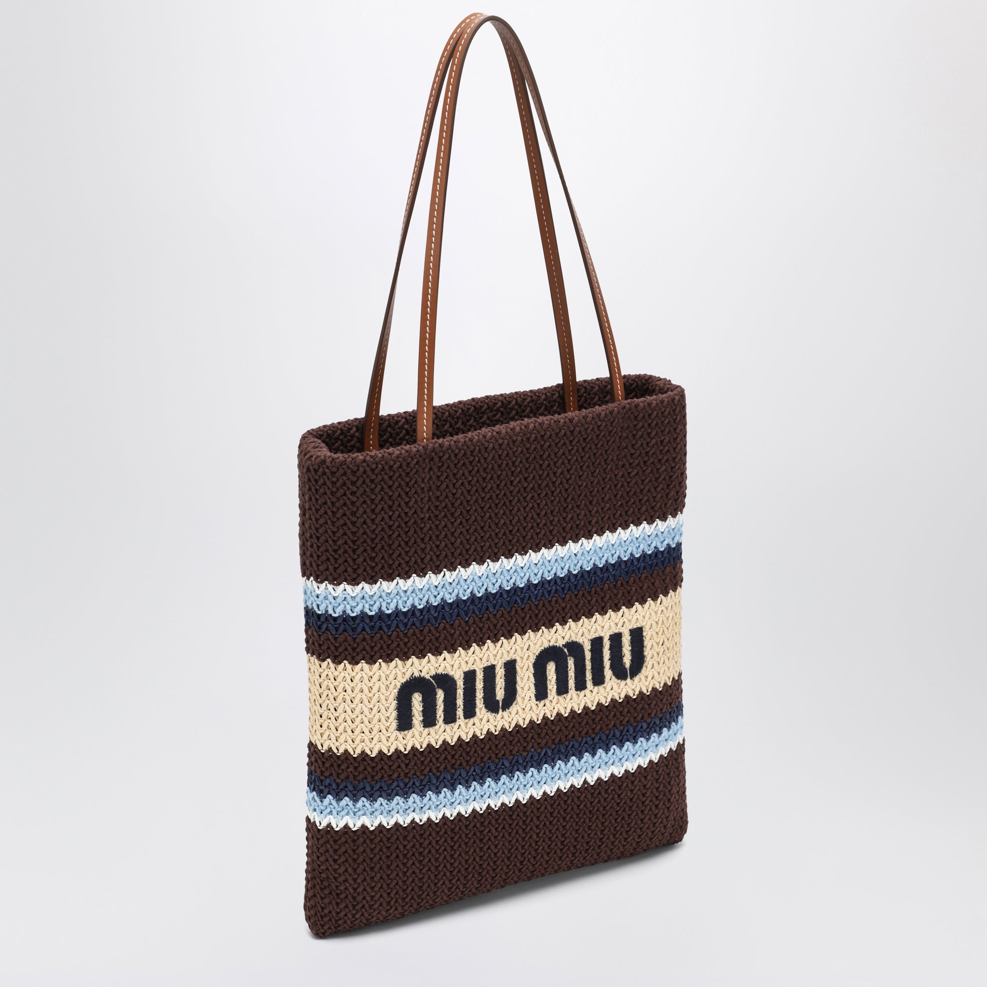 Cacao/Light Blue/Natural Raffia-Effect Yarn Tote Bag