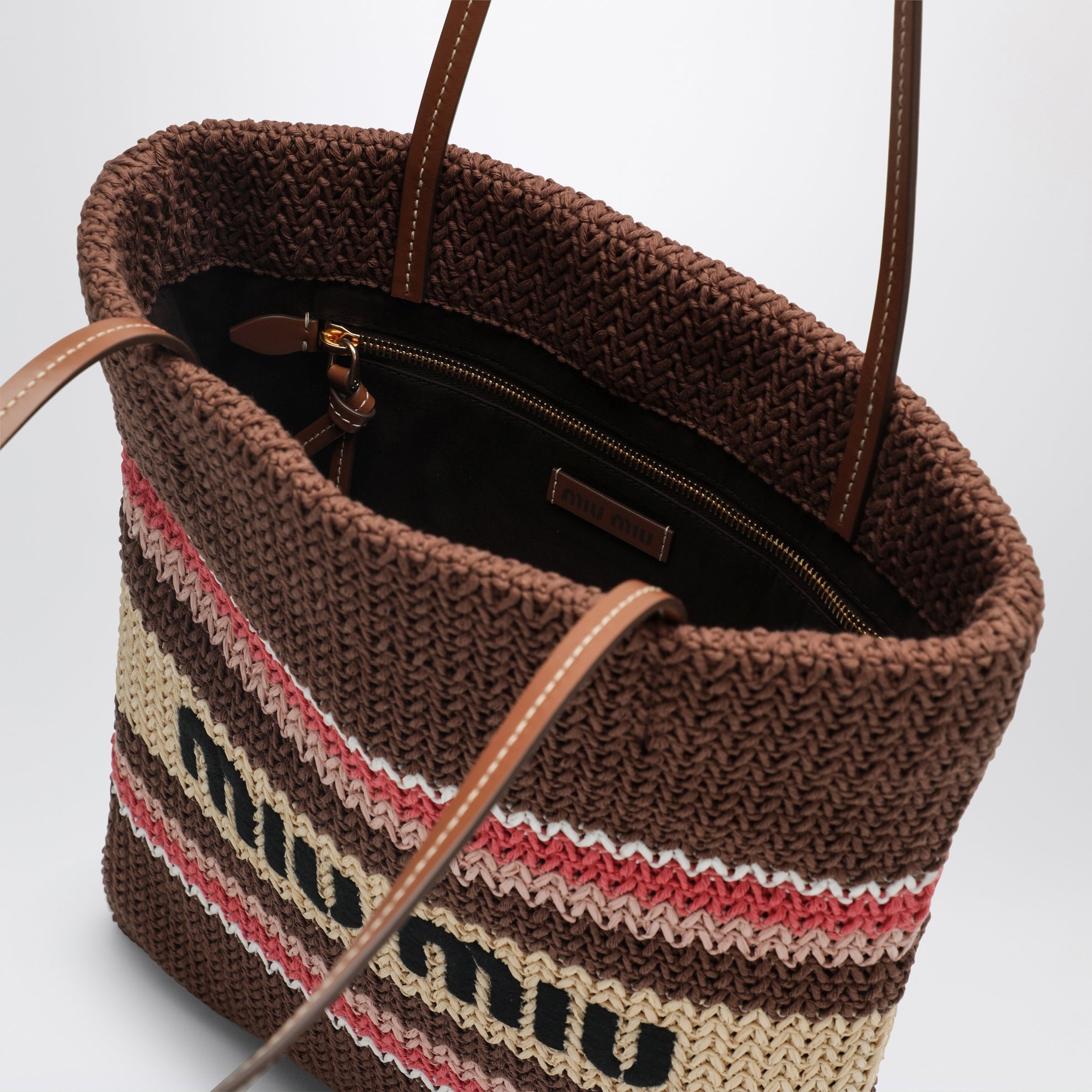 Shoppingtasche aus Raffia-Effektgarn Tabak/Erdbeere/Natur