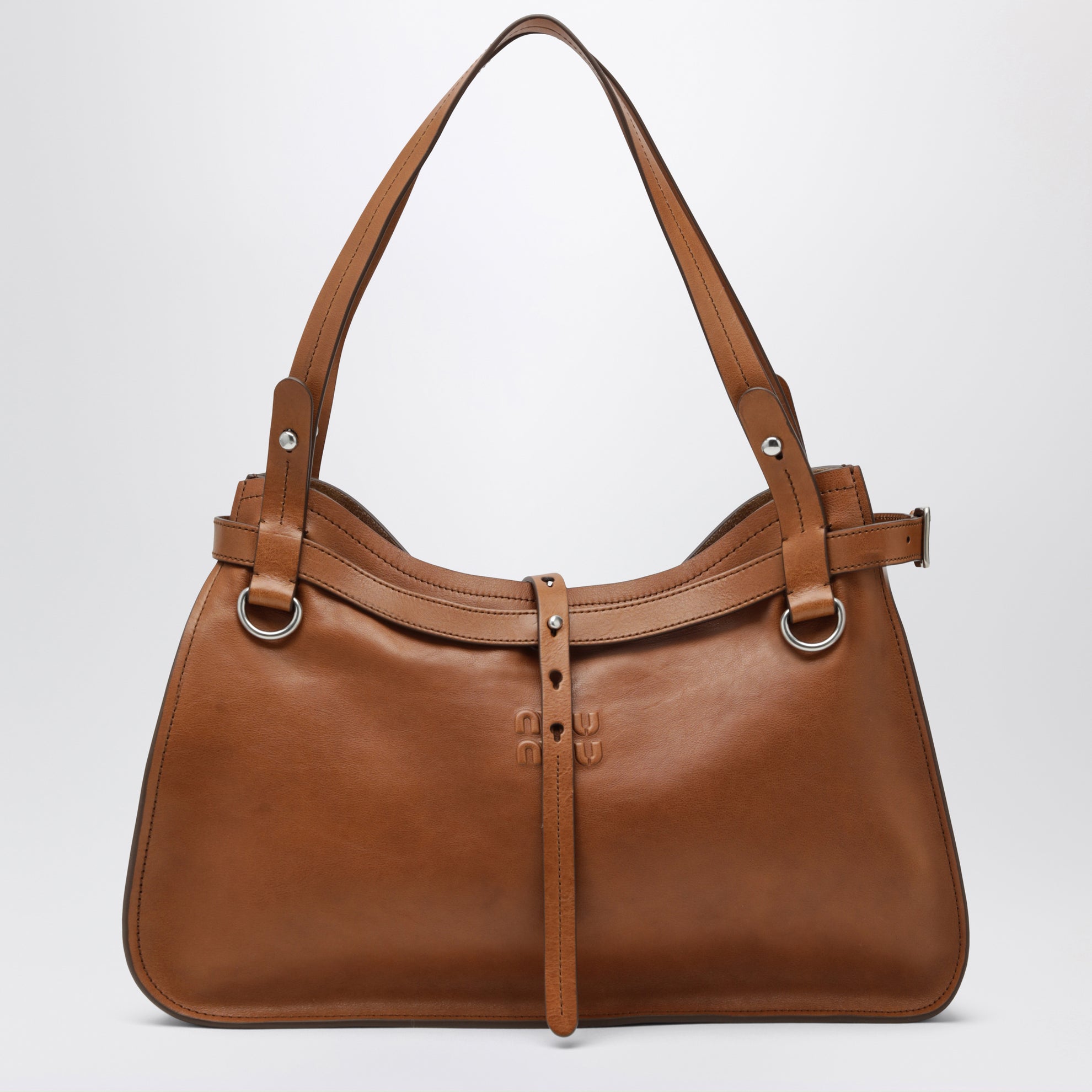 Calfskin crossbody bag with embossed logo in cognac
