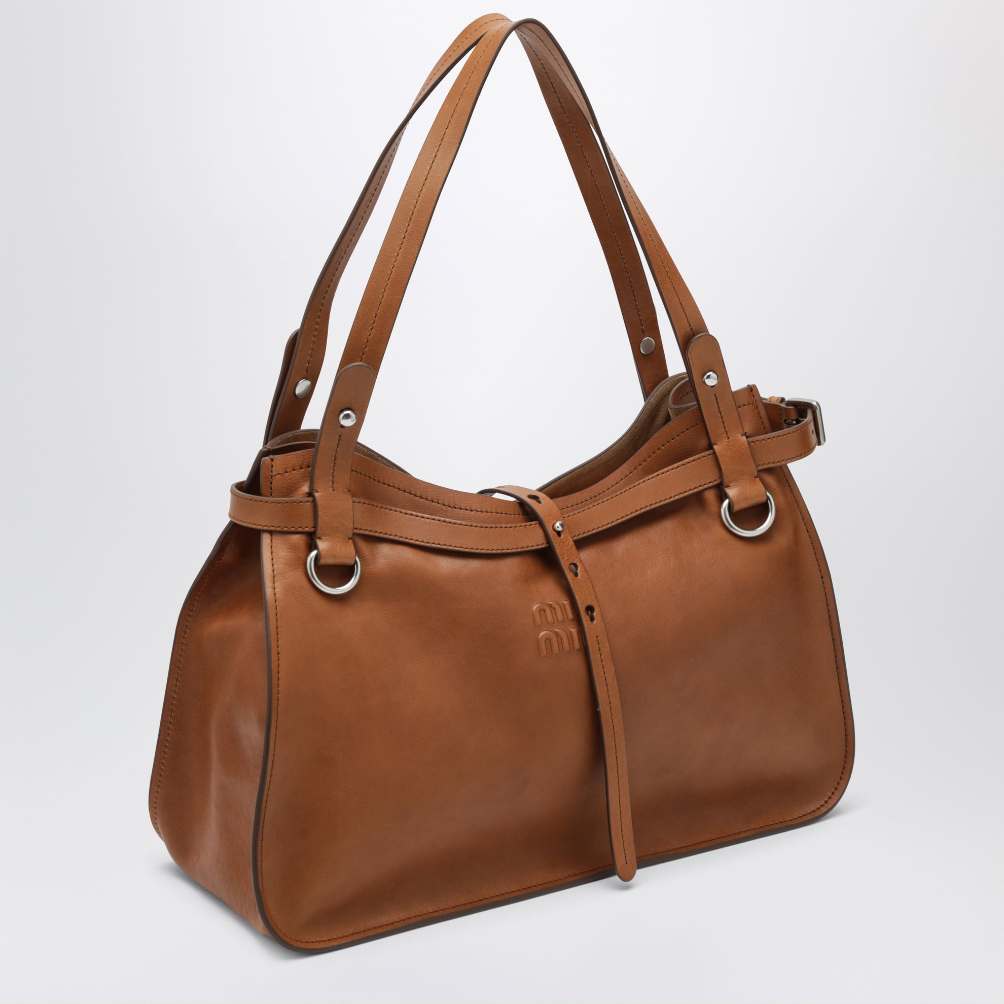 Calfskin crossbody bag with embossed logo in cognac