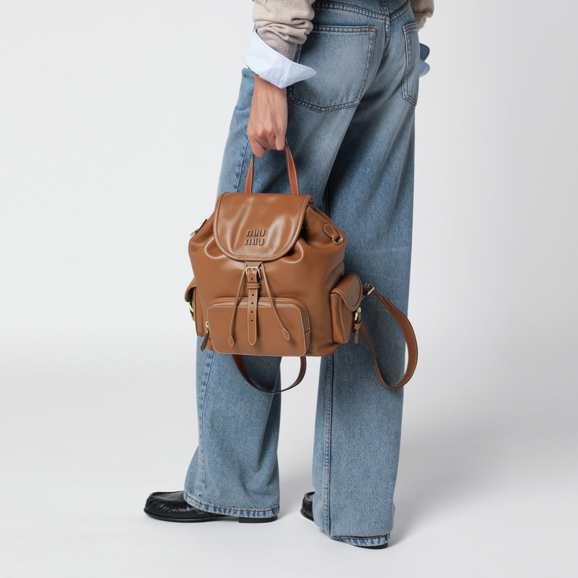 Sac à dos en cuir de veau cognac