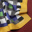 Printed silk twill scarf indigo/mustard