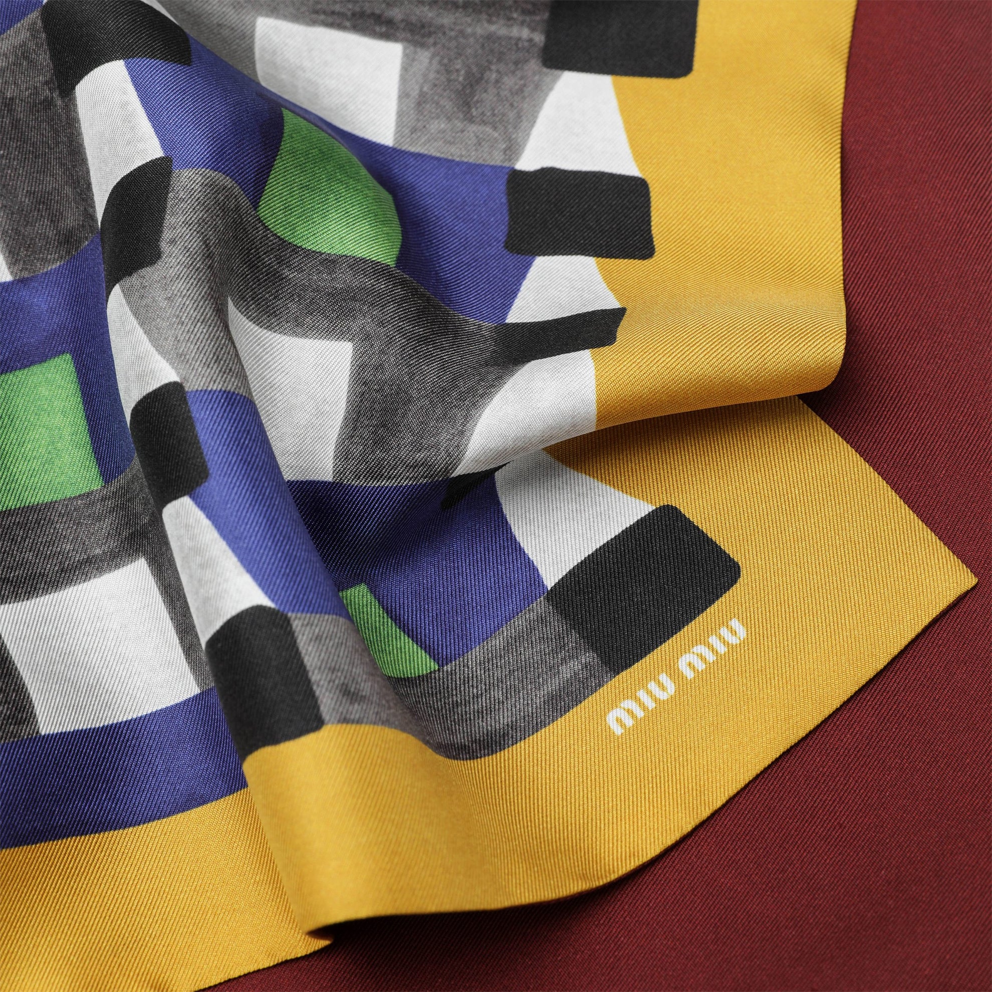 Printed silk twill scarf indigo/mustard