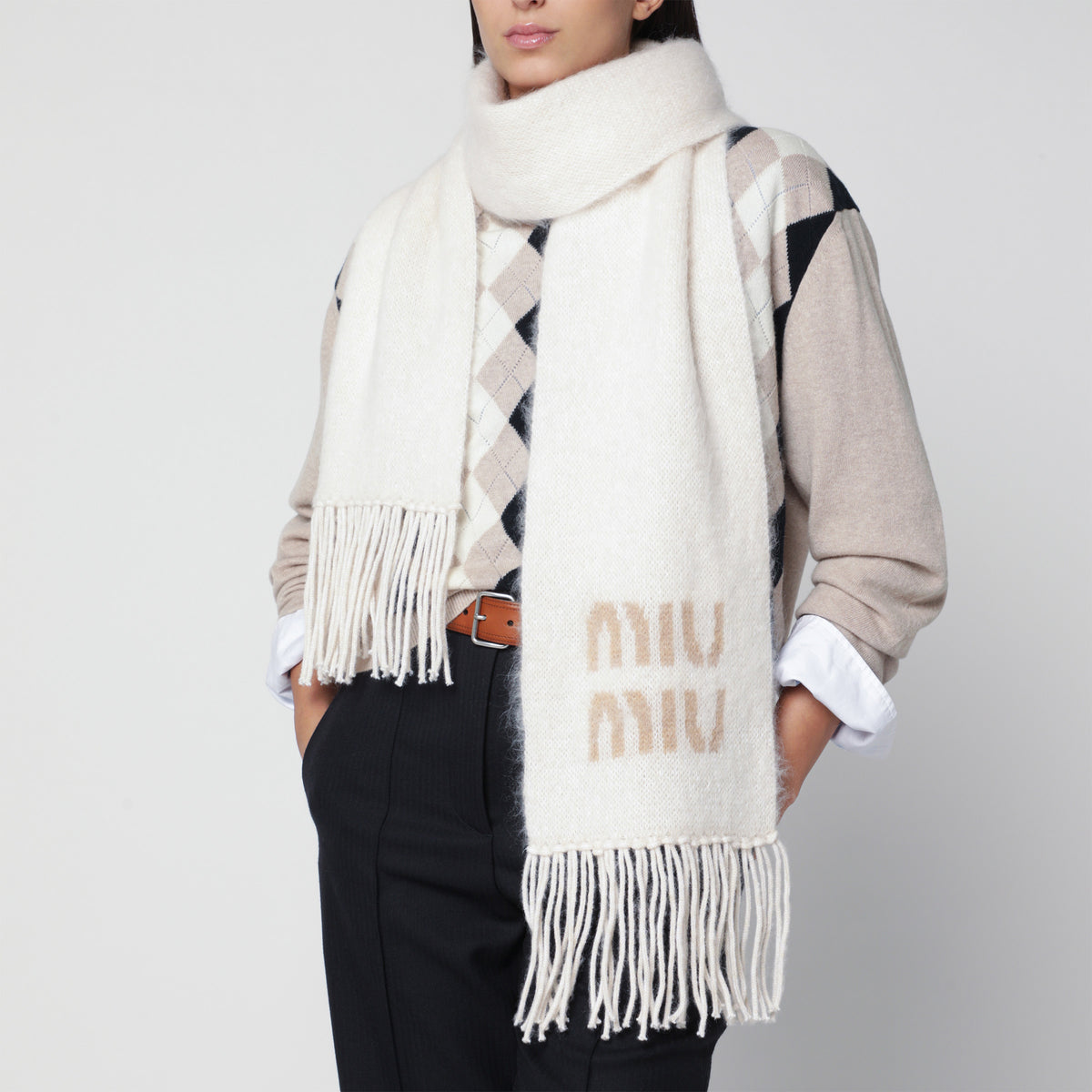Écharpe blanche en mélange de mohair avec logo